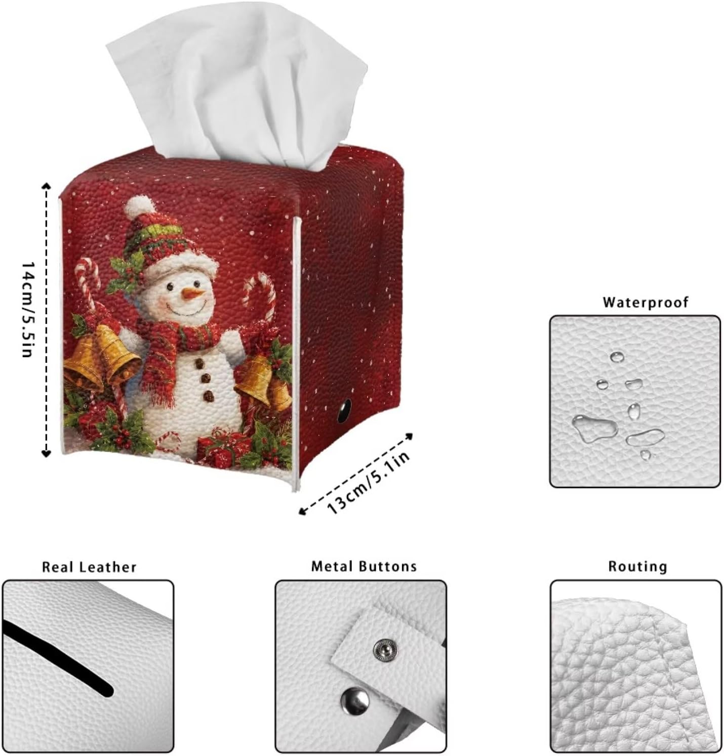 SnowmanTissue Box Cover Square Christmas Tissue Holder Red Facial Paper Box Holder Modern Holiday Home Bathroom Decor Leather Material & Waterproof