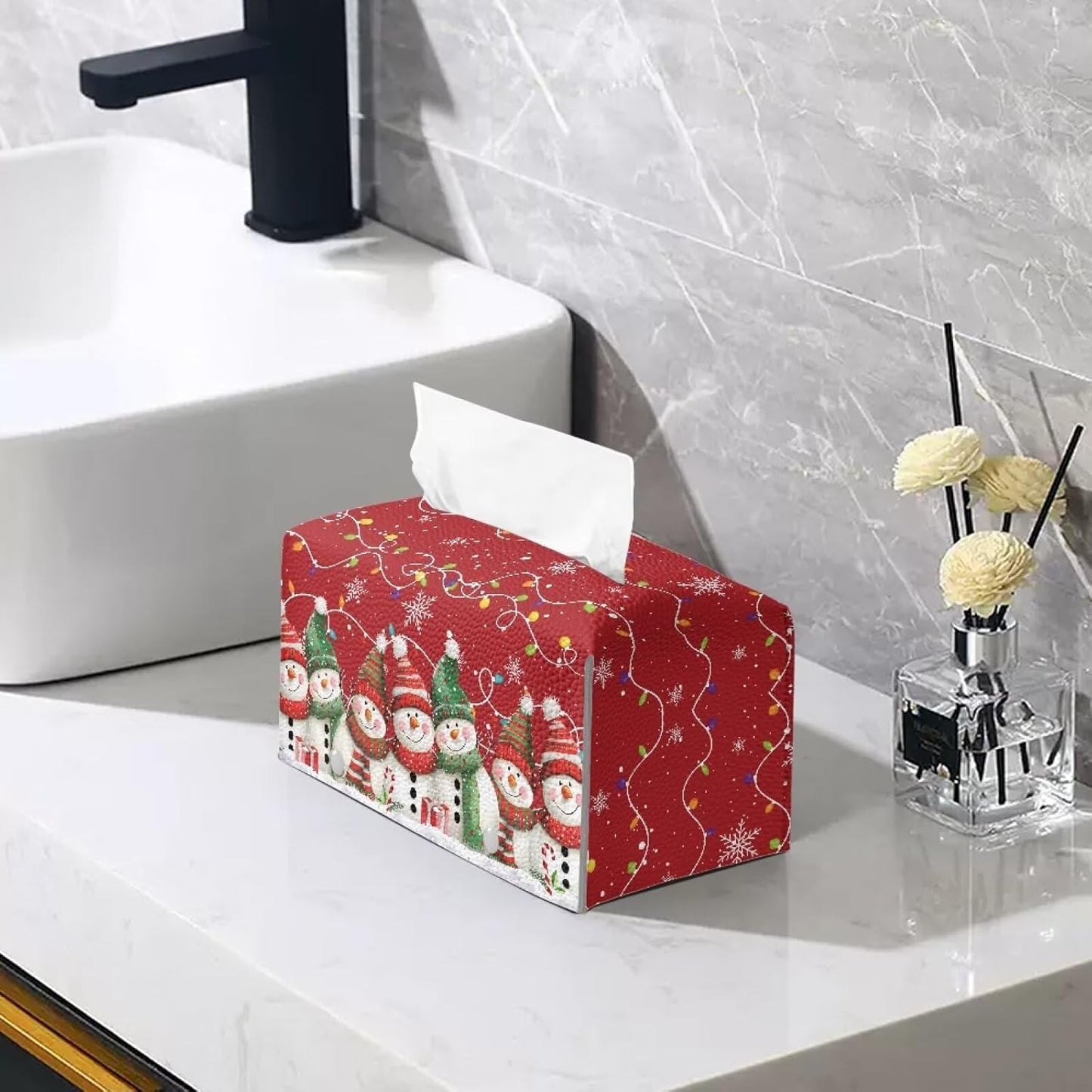 Christmas Large Tissue Box Cover Rectangle Cute Snowman Tissue Box Holder for Bathroom Soft PU Leather Toilet Tissue Holder Waterproof Christmas Decorations for Home
