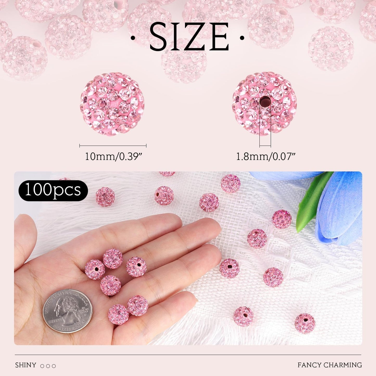 100 pcs 10mm Rhinestone Beads for Jewelry Making, Pink Shiny Round Shamballa Disco Beads Bulk, Sparkle Crystal Clay Christmas for Bracelet Baseball Necklace Earring Crafting and DIY