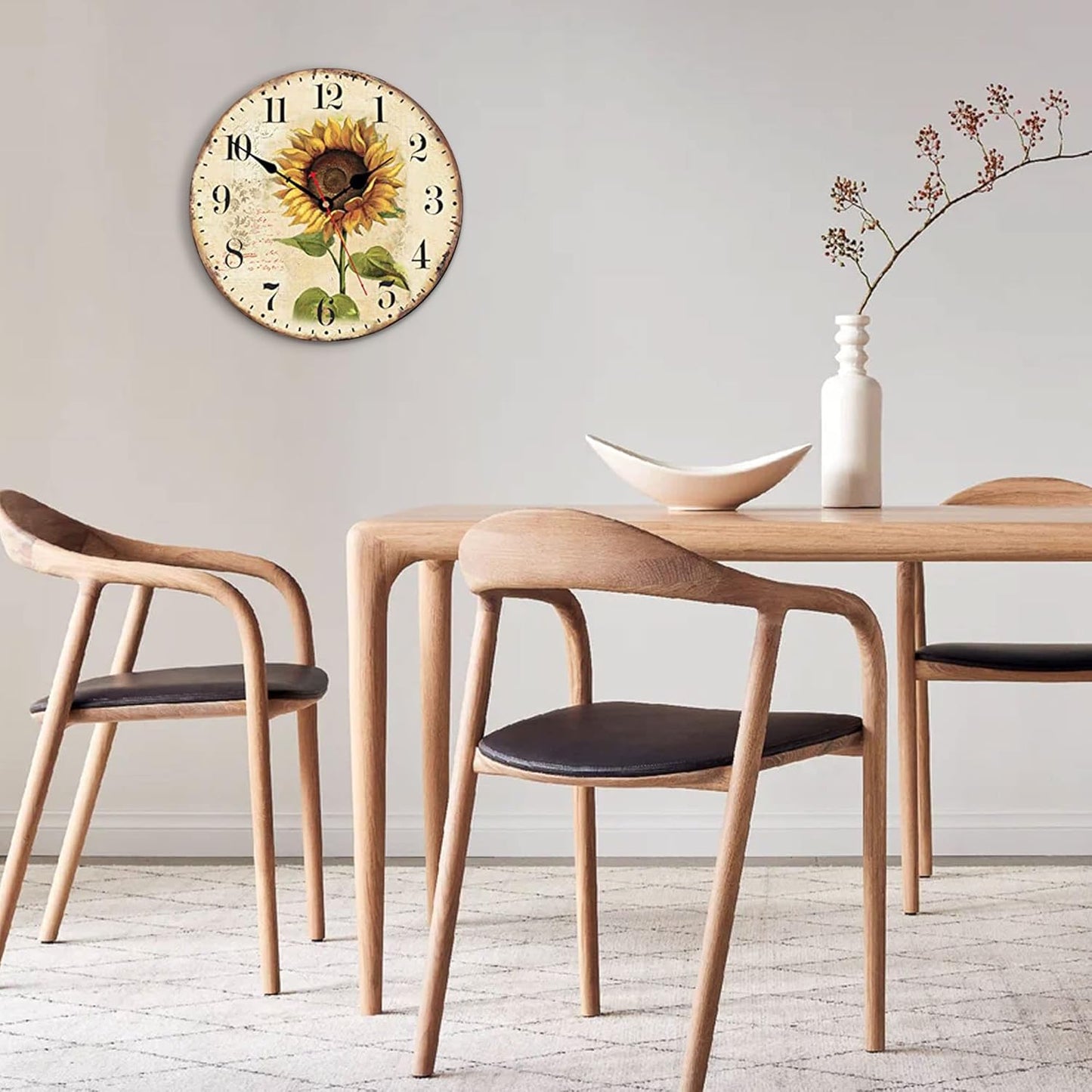 VIKMARI Art Decorative Arabic Numeral Wooden Wall Clock Battery Operated Quartz Silent Round Clocks 14 Inch Sunflower Hanging Clock for Bedroom,Dining Room,Office and Living Room