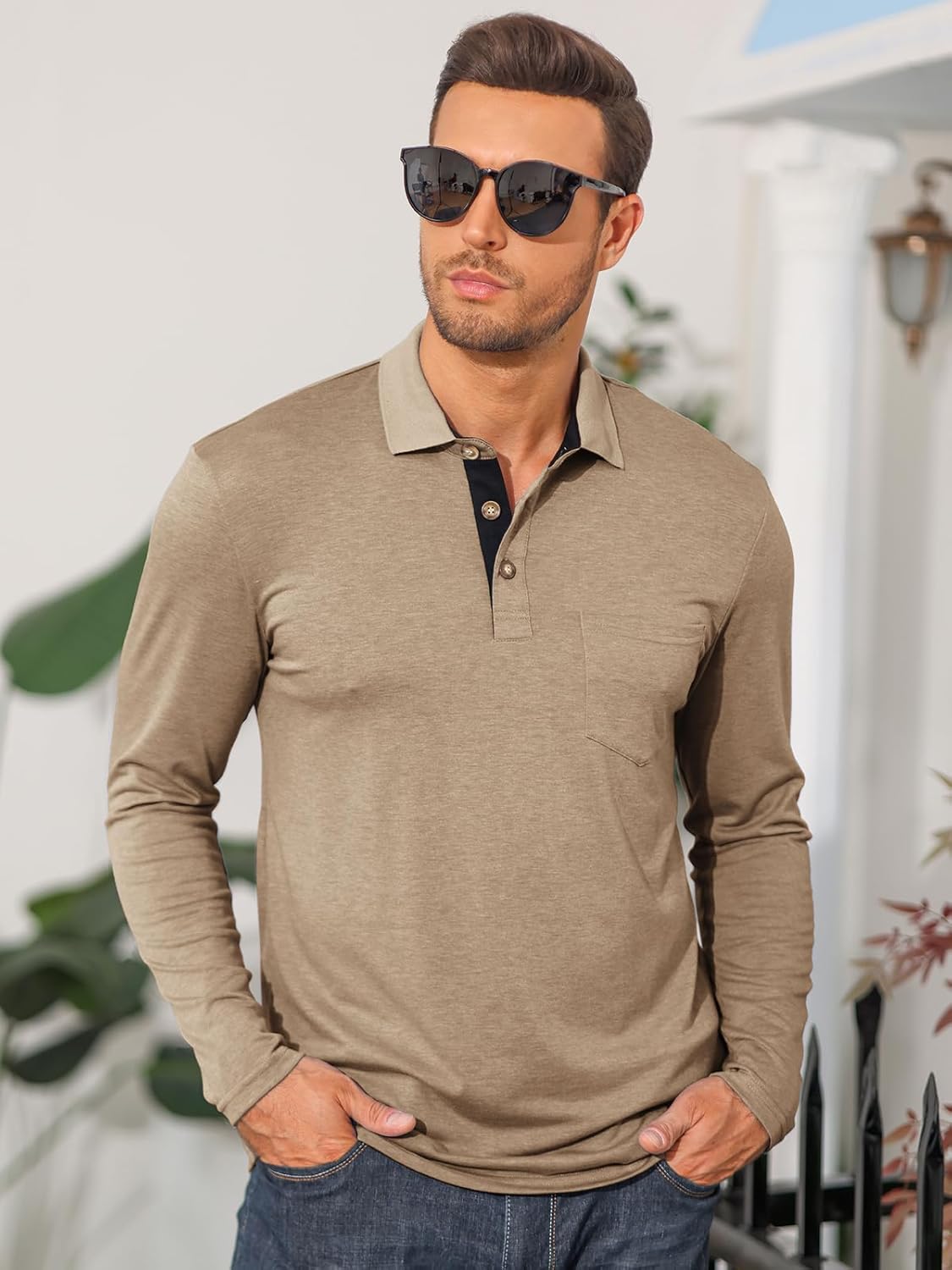 Mens Long Sleeve Polo Shirts Casual Moisture Wicking Golf Polo Shirts with Pocket