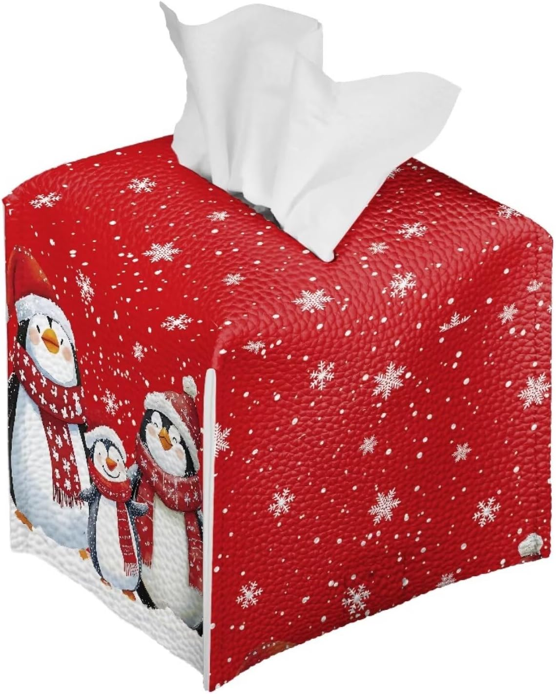 Christmas Tissue Box Cover Cute Penguin Tissue Box Square Red Tissue Box Holder with White Snowflake Fun Tissue Box for Office Bedroom Car Bathroom Xmas Decor