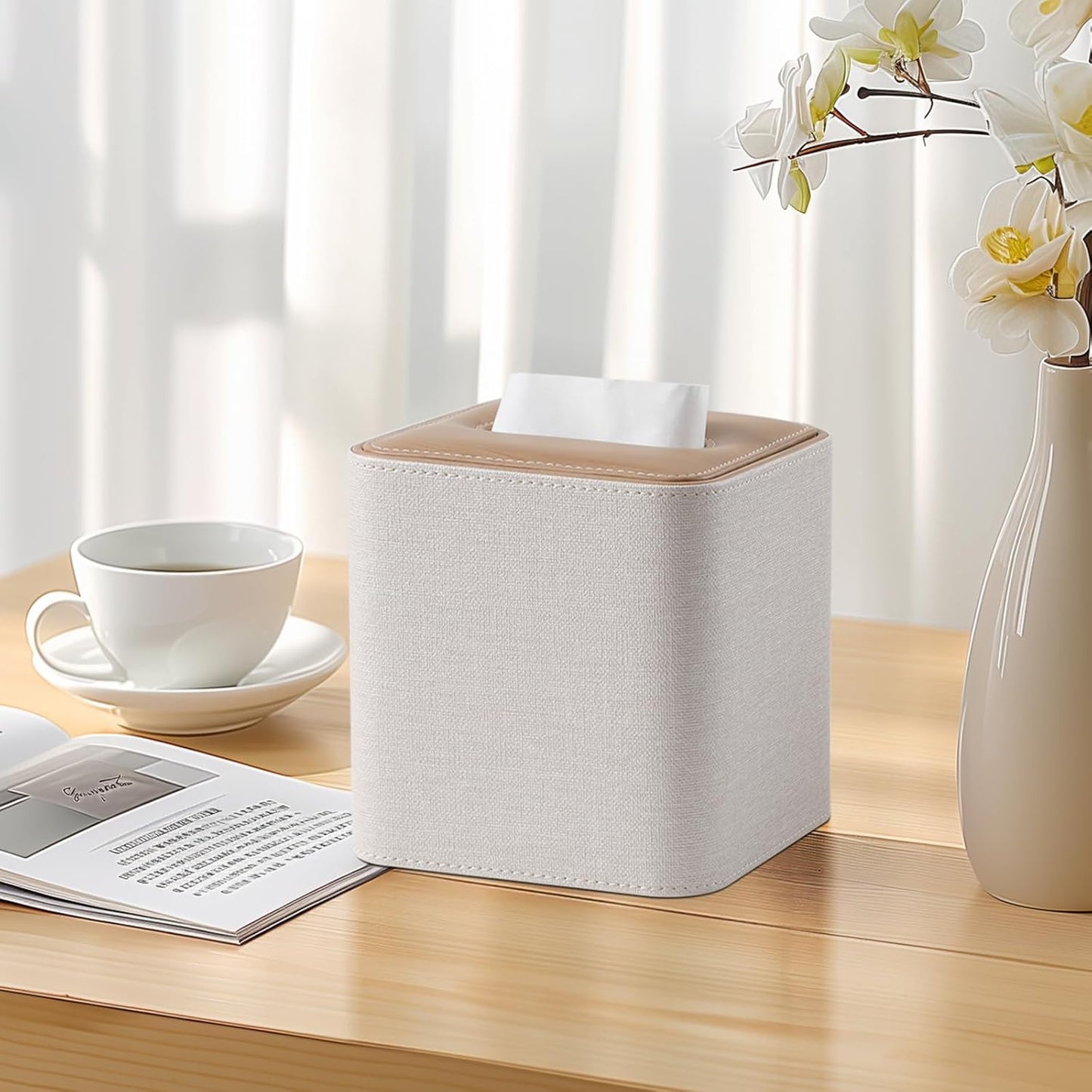 Square Linen Tissue Box Cover with Magnetic Closure, Modern PU Leather Tissue Box Holder for Bathroom Vanity Countertop Night Stands Bedroom Office Desk, Stylish Cube Tissue Holder (Linen)