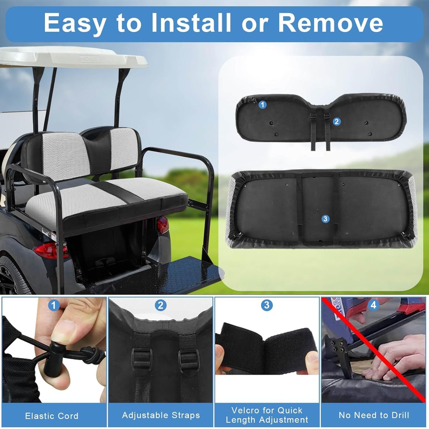 MOSNAI Golf Cart Rear Seat Covers for EZGO Club Car Yamaha Aftermarket Rear Seat Cushion, Breathable Comfortable Polyester Mesh Cloth and Leather Combination Appearance