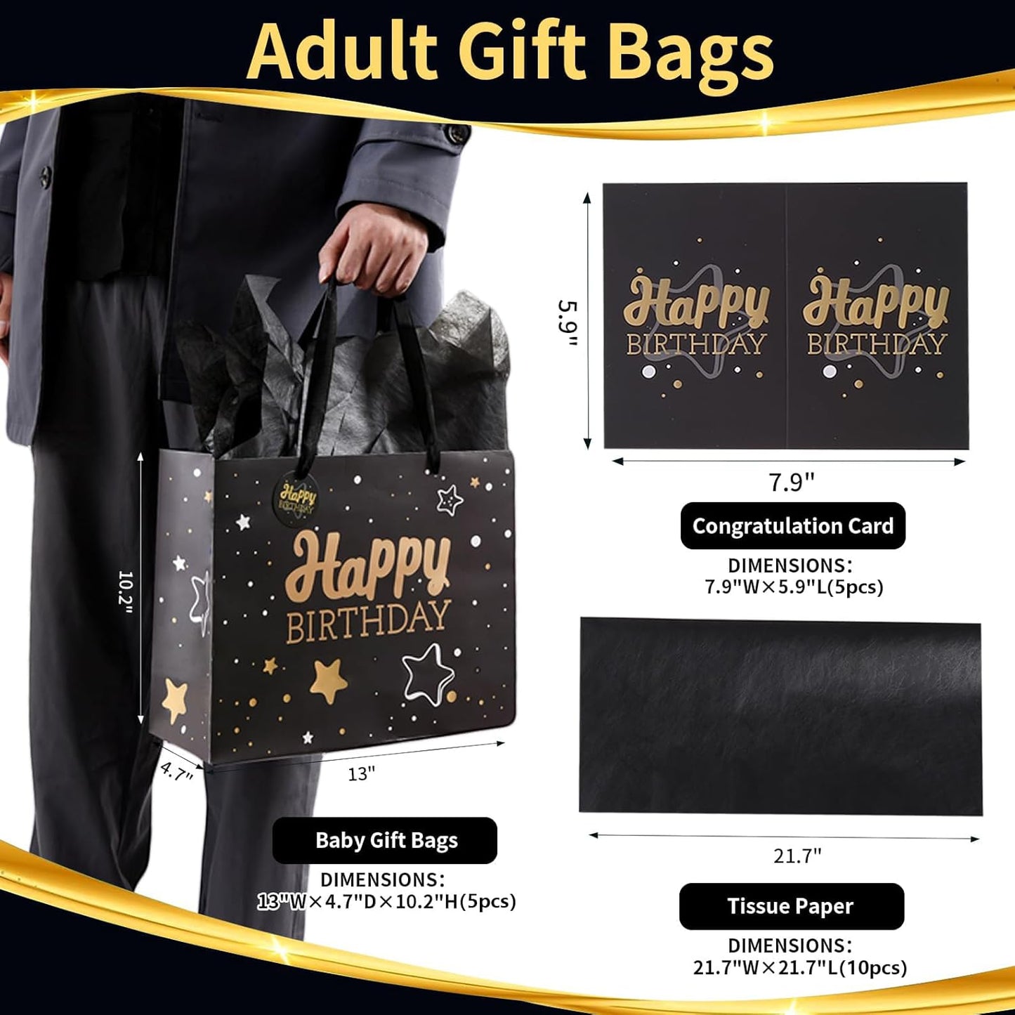 13" Black Happy Birthday Gift Bag with Tissue Paper and Greeting Card for Party,Happy Birthday Gift Bag for Men Women,Gift Bags Medium size(5 PCS Black Hot Stamping)