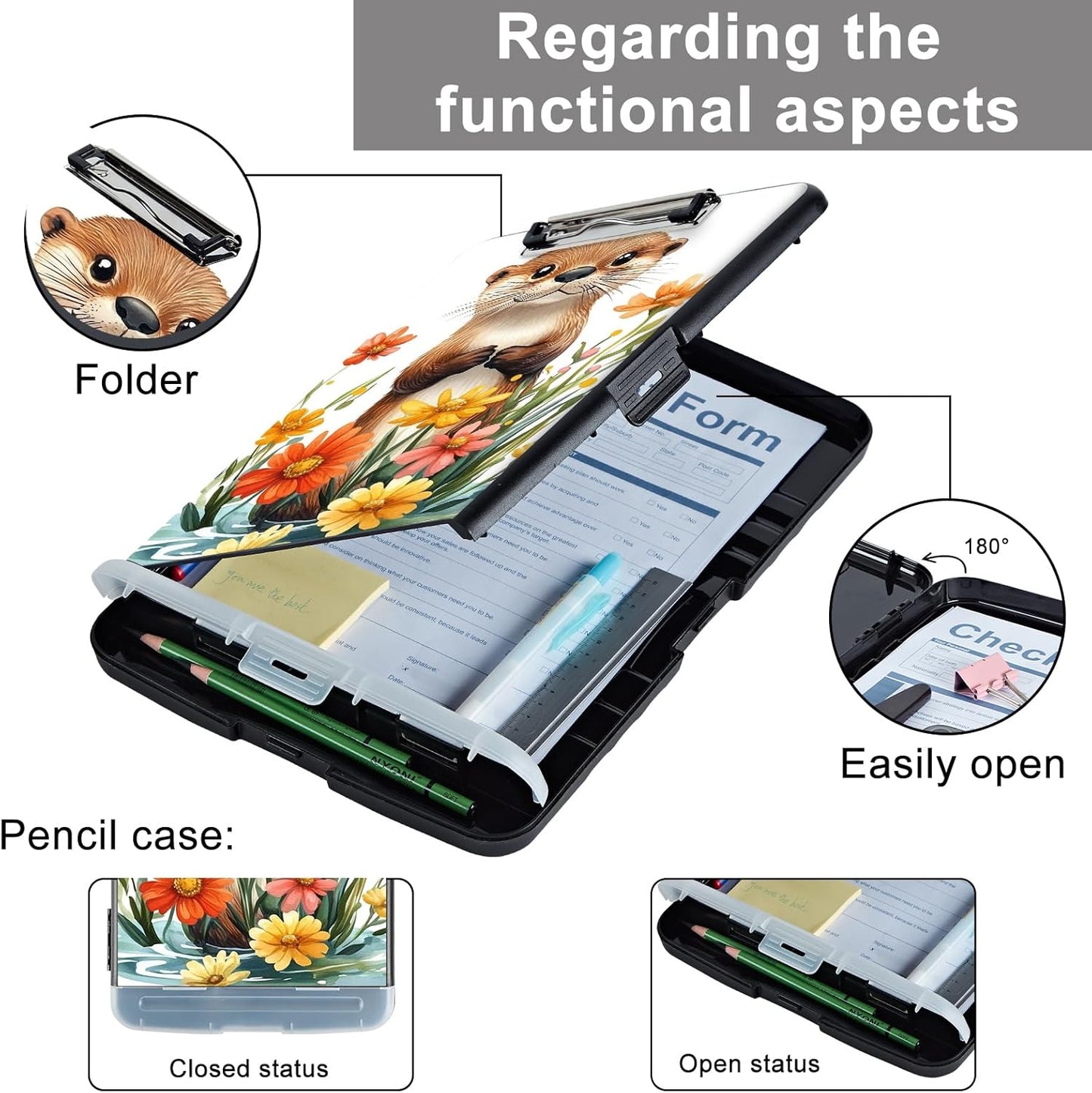Clipboard with Storage - Large Capacity,Nursing Clipboard with Pen Holder,Heavy Duty,Plastic Side-Opening Folder for Teacher,Nurse - Sea Otter Flowers