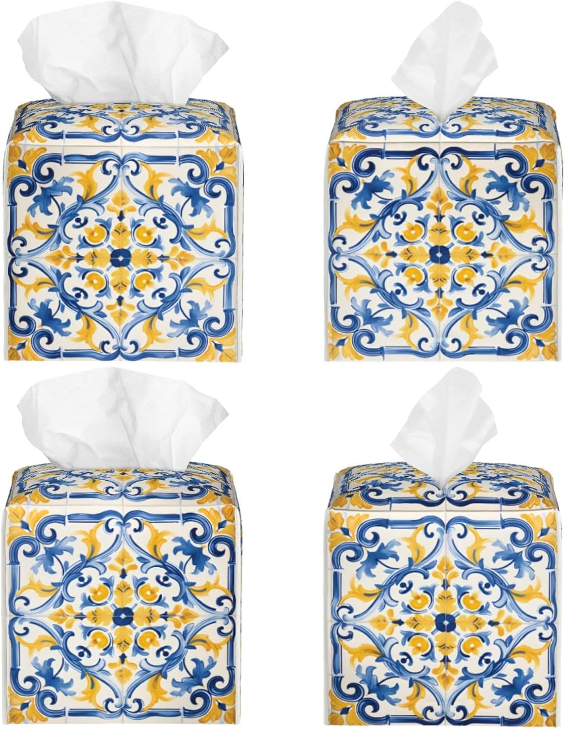 Tissue Box Cover Yellow Blue Ornament Tiles Square PU Leather Tissue Box Holder for Car Bathroom Bedroom Desk Tabletop Decor
