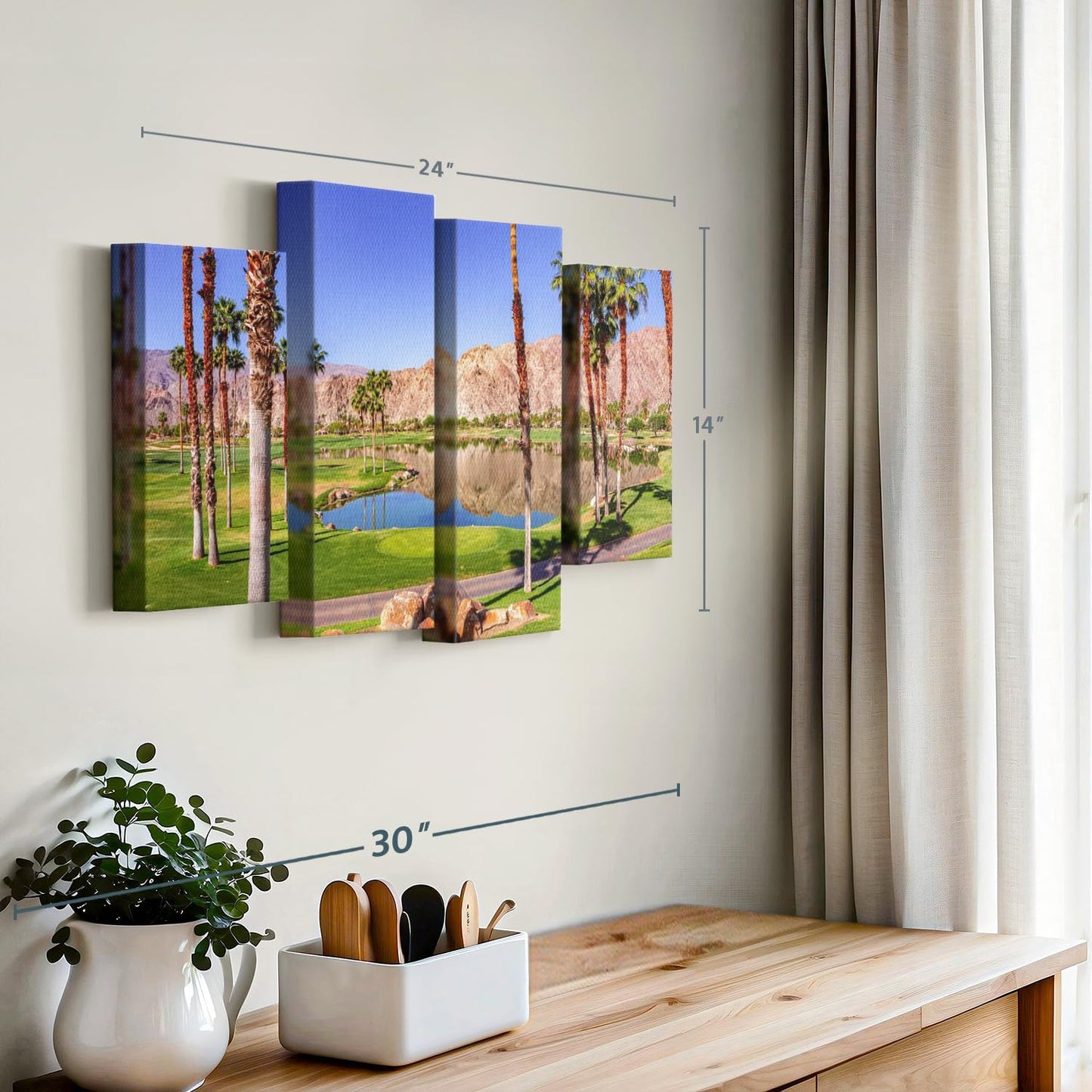 ElephantStock La Quinta Golf Course Wall Art - Horizontal Canvas - 4-Piece Living Room Wall Decor - Photography Sports Canvas Print - Beige and Brown Decor for Wall - 24" X 14"