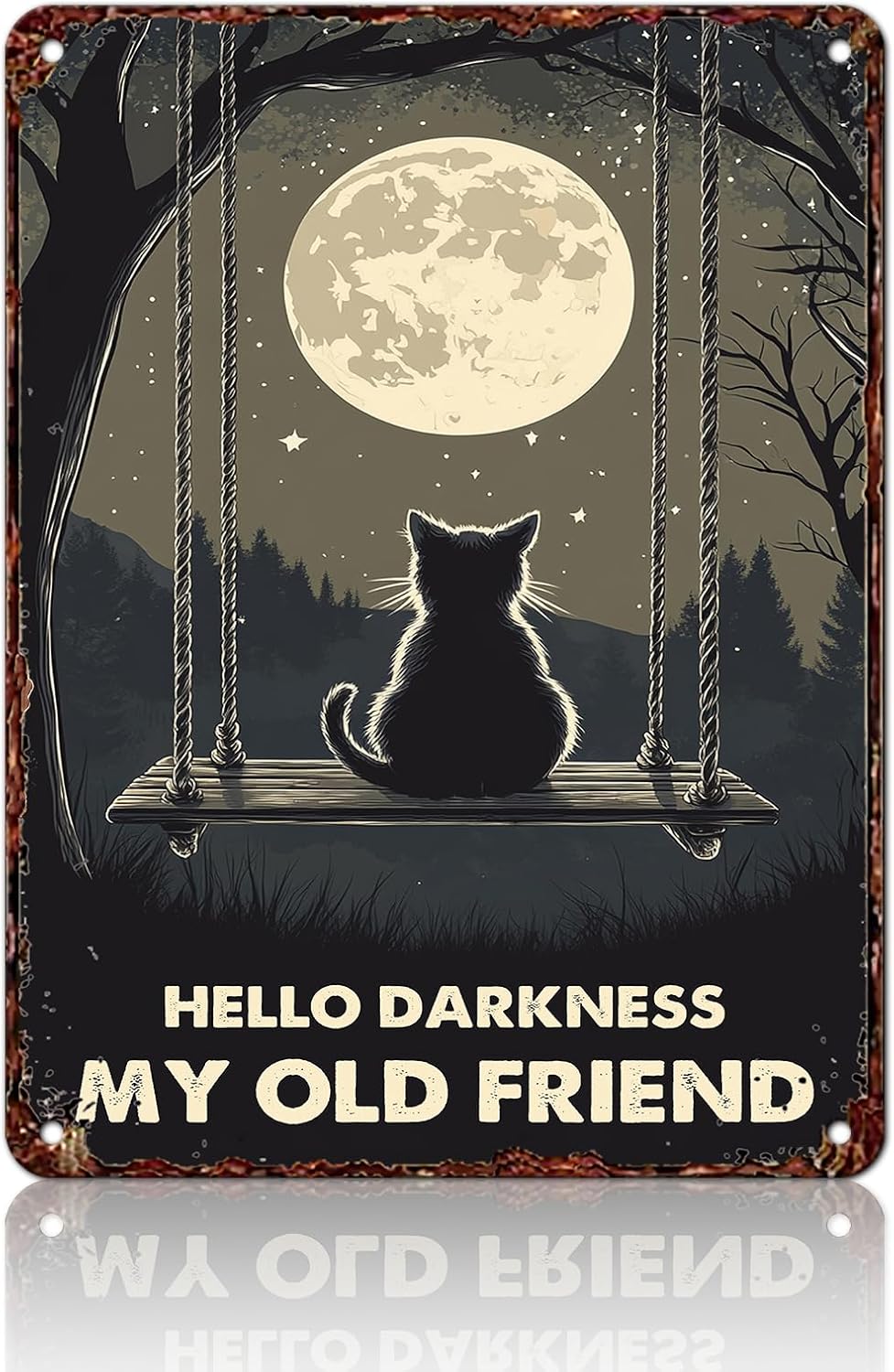 Vintage Wall Decor Metal Poster Plaque Black Cat Hello Darkness My Old Friend Iron Painting Wall Decor Nostalgic Tin Sign For Home Cofe Kitchen Pub Bar 12x16 Inch