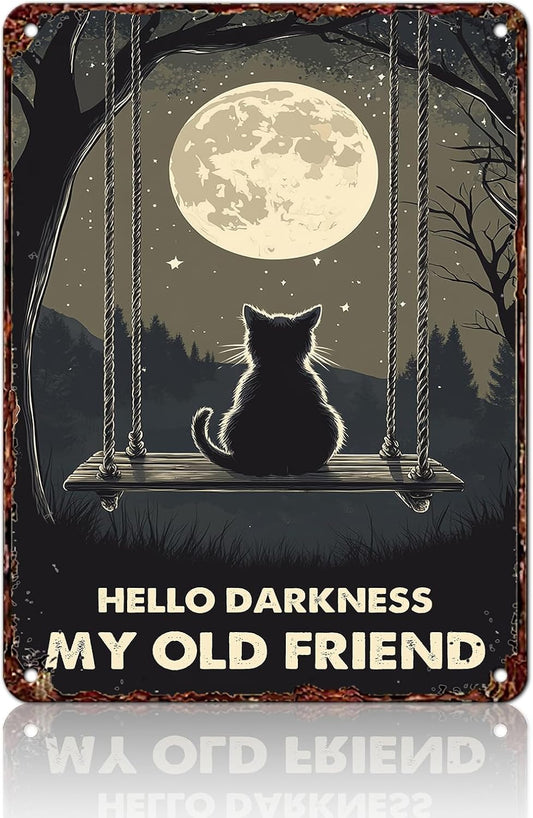 Vintage Wall Decor Metal Poster Plaque Black Cat Hello Darkness My Old Friend Iron Painting Wall Decor Nostalgic Tin Sign For Home Cofe Kitchen Pub Bar 12x16 Inch