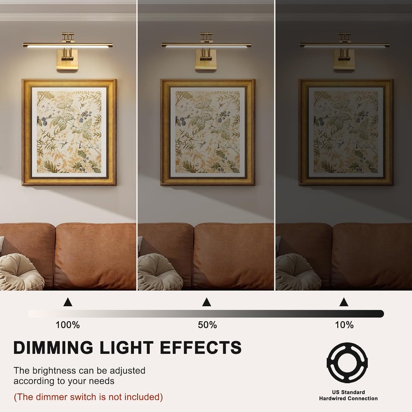 Hard-Wired Picture Light Dimmable LED Picture Lights for Paintings 15.7 Inch Brass Metal Body Wall Pictures with Adjustable Gold Swing Arm Art Display Lamps 7W 3000K Warm White Book Light