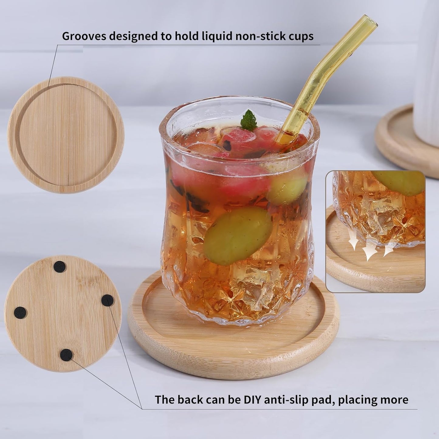 Bamboo 4 inch coaster [8 pcs] Coasters with Holder - Drinking Coasters - Cup Mat for Drinks - Live for Hot or Cold Drink - Non-slip and non-stick,Suitable for Kinds Cups and Living Room Decor