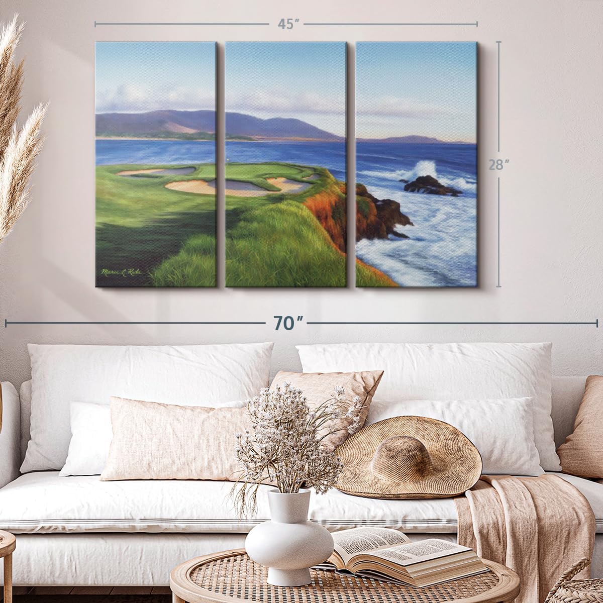 ElephantStock Pebble Beach 7th Hole Wall Art - Horizontal Canvas - 3-Piece Living Room Wall Decor - Painting Sports Canvas Print - Green and Blue Decor for Wall by Marci Rule - 45" X 28"
