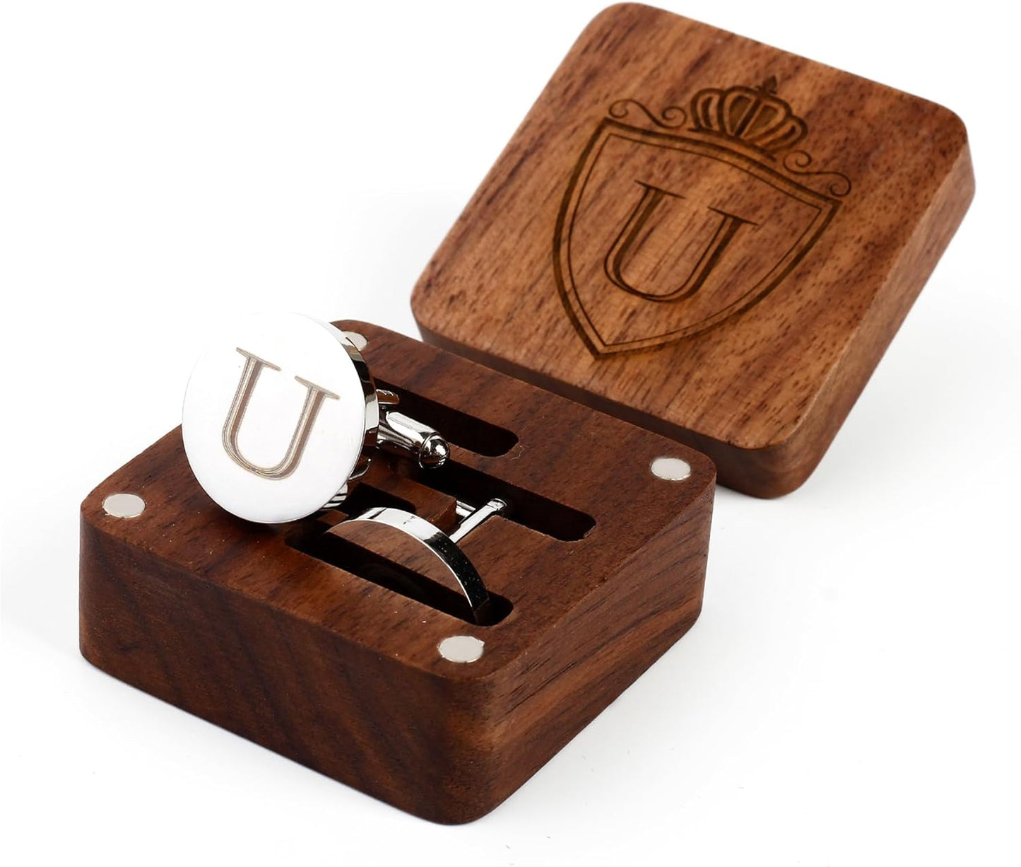 Mens Initial Silver Cufflinks A-Z Alphabet Letter Steel Cuff Links with Engraved Walnut Wood Box Groom Groomsman Wedding Set…