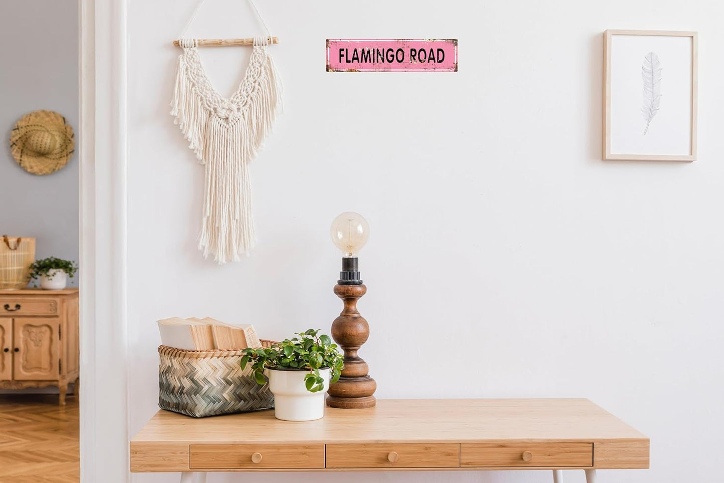 AWISZZZ Vintage Metal Tin Sign Retro Flamingo Road Signs Stylish Wall Art Plaques for Home Decor Bathroom Kitchen House and Gothic Wall Decor or as a Unique Poster 16x4 in