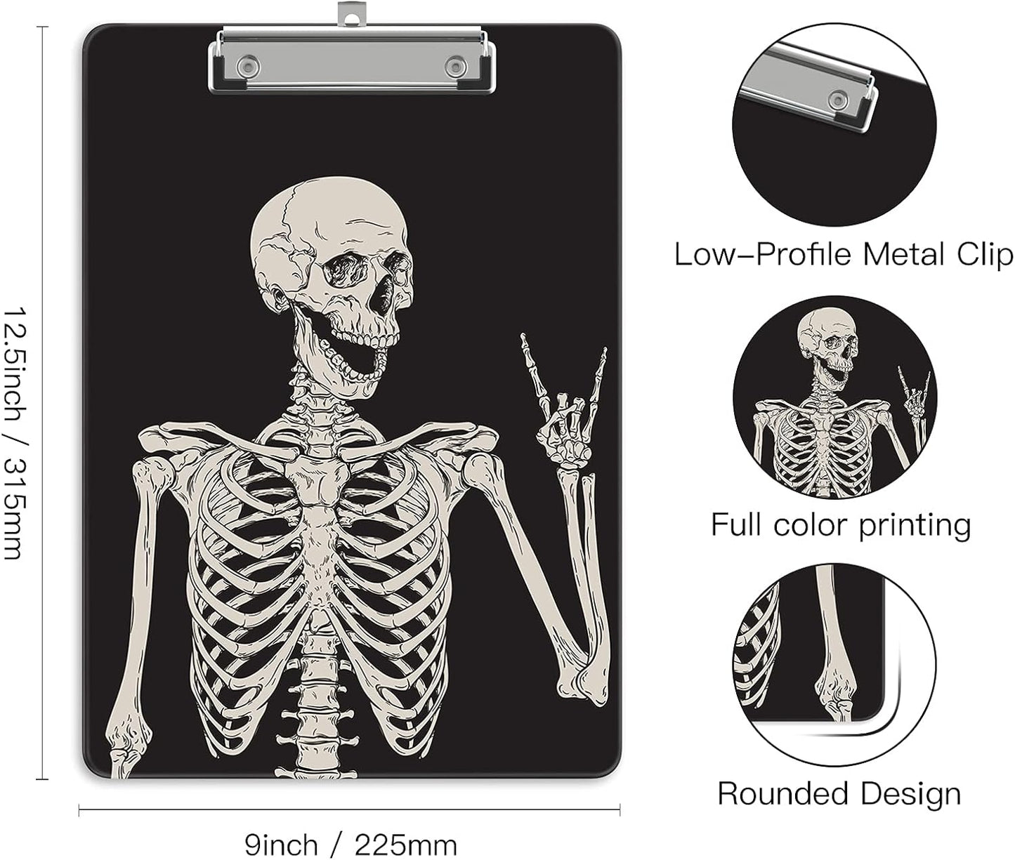 Plastic A4 Clipboards, Cute Clip Board Stardard Letter Size 9 x 12.5 in, Office Decorative for Students Women Men and Kids, Skeleton