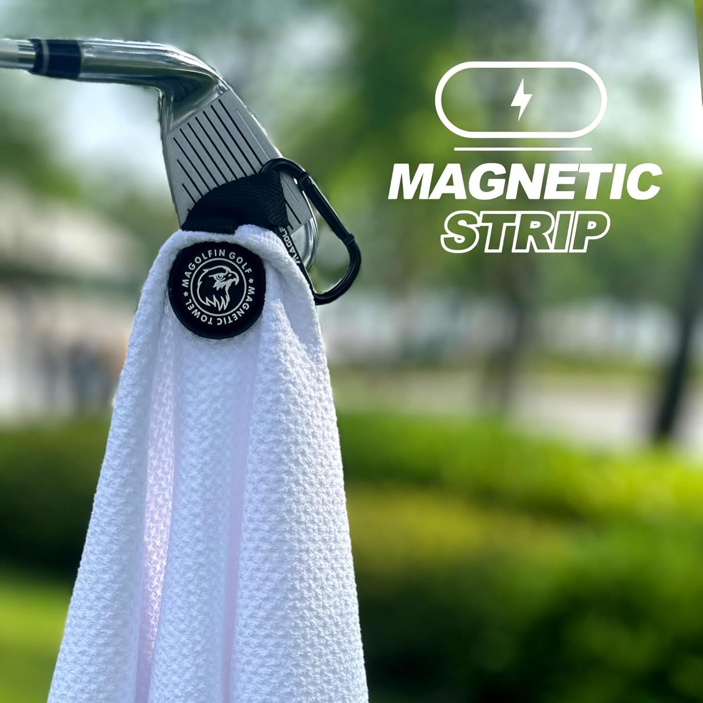 Magnetic Golf Towel with Clip, Microfiber Waffle Design - Industrial Strength Magnet for Strong Hold to Golf Bags, Carts & Clubs - White