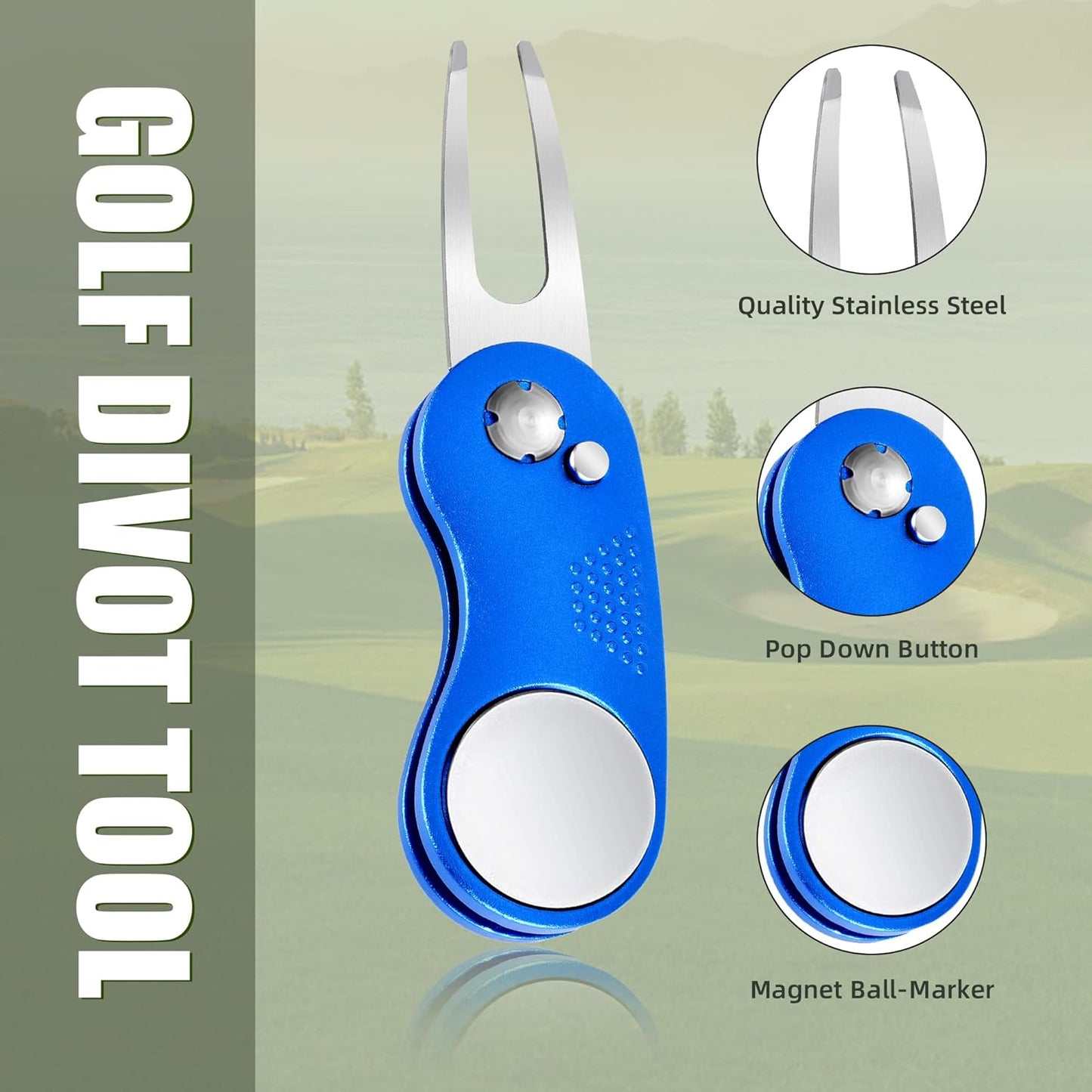 Mile High Life Golf Divot Repair Tool, All Metal Foldable Divot Tool with Pop-up Button & Magnetic Ball Marker