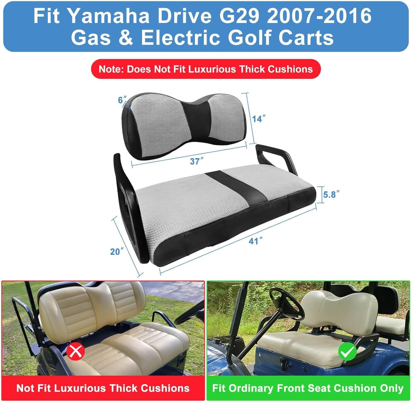 MOSNAI Yamaha Golf Cart Front Seat Cover for Drive G29 2007-2016 OEM Ordinary Seat Cushion, Breathable Polyester Mesh Cloth and Leather Combination Appearance, No Need Detaching Armrests