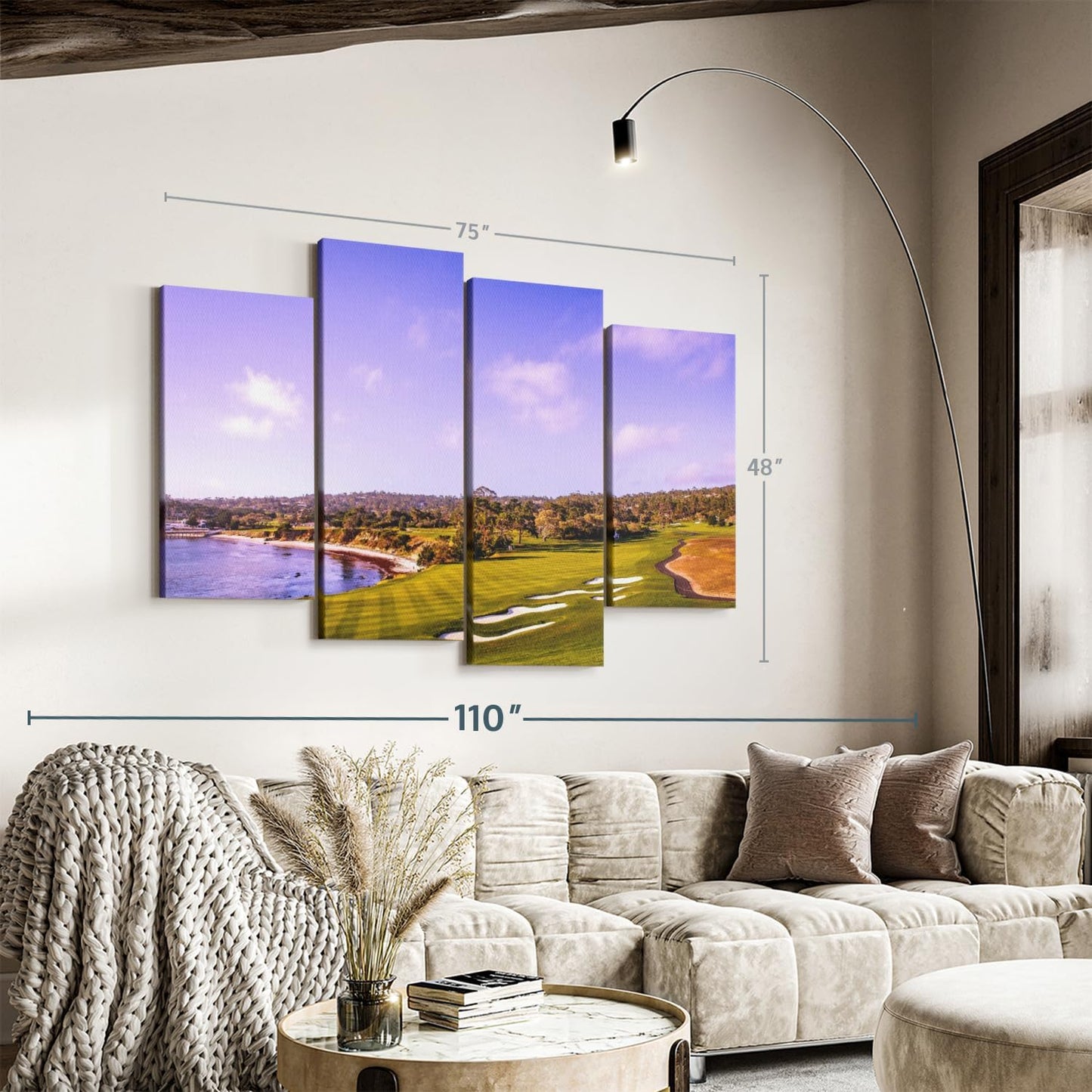 Elephant Stock Coastline Green Golf Course Wall Art - Horizontal Canvas - 4-Piece Living Room Wall Decor - Photography Sports Canvas Print - Blue and Gray Decor for Wall - 75" X 48"