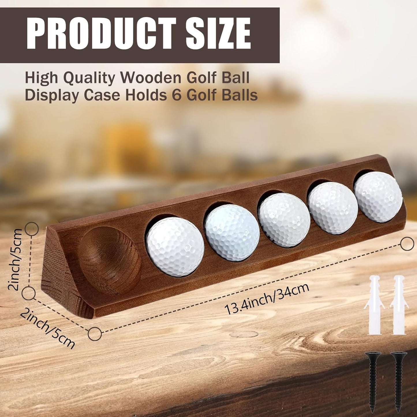 Wooden Golf Ball Display Case 1 Pack, Golf Ball Holder Display with Wall Mount & Tabletop Stand - Displays 6 Standard Size Golf Balls, Golf Accessories Gift for Men (Walnut Color)