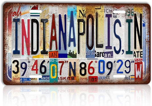 Vintage City License Plate Indianapolis,IN Wall Decor Metal Tin Sign for Bar Home Bedroom 12 x 6 Inches （Including latitude and longitude）