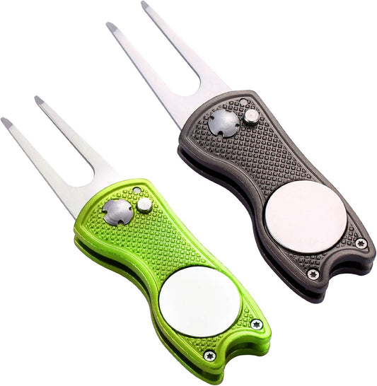 2 Pack Metal Foldable Golf Divot Tool with Pop-up Button & Magnetic Ball Marker (Pack of 2, Fish Design)