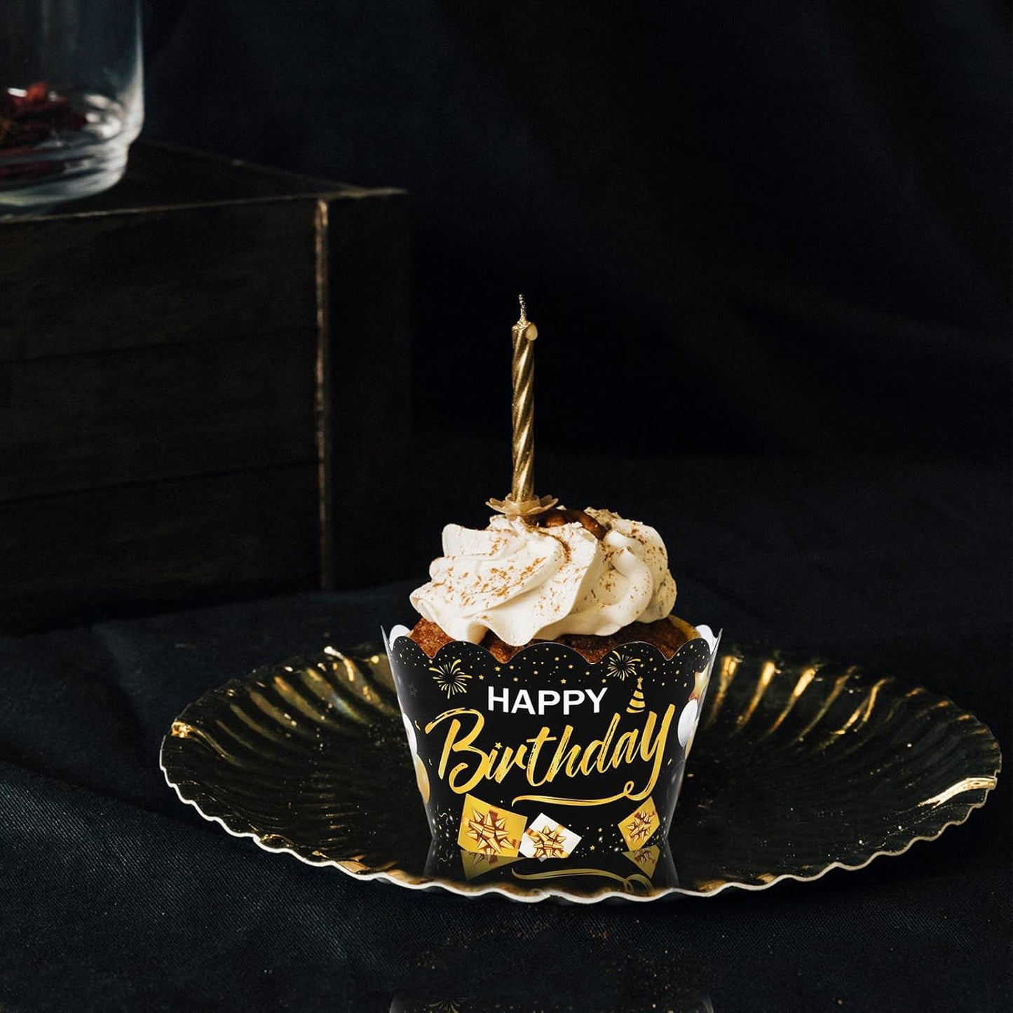 Whaline 36Pcs Happy Birthday Cupcake Wrappers Black Gold Birthday Cupcake Liners Decorative Cupcake Holders for Baby Shower Birthdays Party Cake Decoration