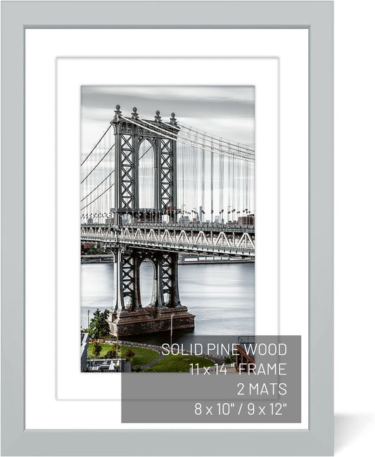 11x14 Picture Frames - Solid Wood Display Pictures 9x12 or 8x10 with or without Mat, Poster Photo Frame Art with 2 Mats for Wall Mounting or Table Top (Gray)