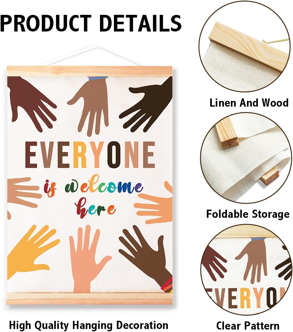 Multicultural Diversity Equality Poster Hanger Frame for Classroom School Nursery Wall Decor,Every One is Welcome Here Classroom Canvas Wall Art Poster Print Wall Hanging 16x12in