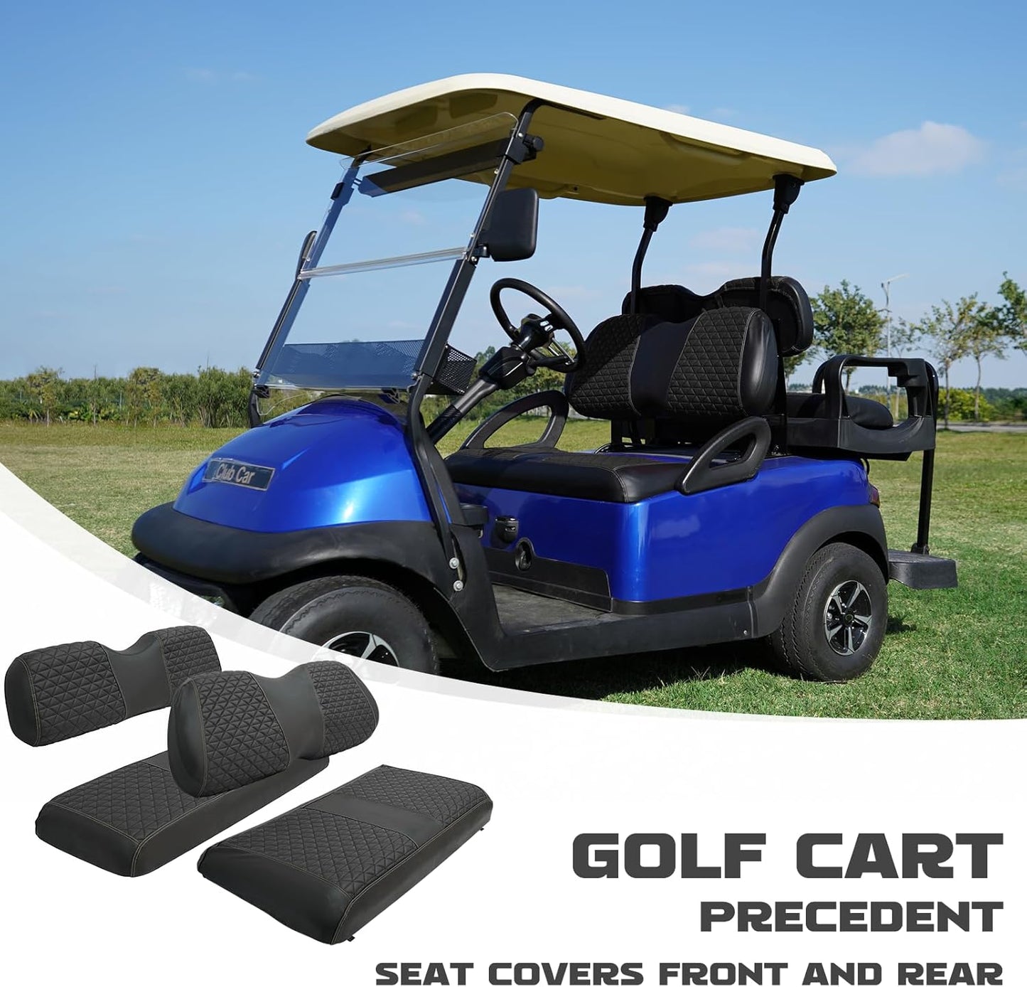 XUANYUDG0769 Golf Cart Front and Rear Seat Covers for EZGO TXT/RXV Club Car DS/Precedent Yamaha G29, Vinyl Leather Made/Adjustable Straps and Retractable Buckle/No Stapler Required,4PCS