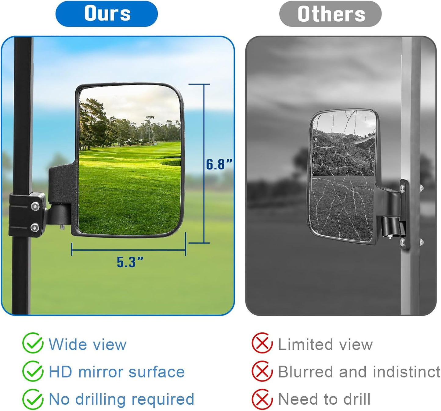 Golf Cart Side Mirrors, No Drilling for EZGO Club Car Yamaha Golf Cart and Others, Fit 3/4, 1.0 and 1 1/4-inch Square Strut, Folding Side Rear View Mirrors Adjustable 180 Degree HD Glass