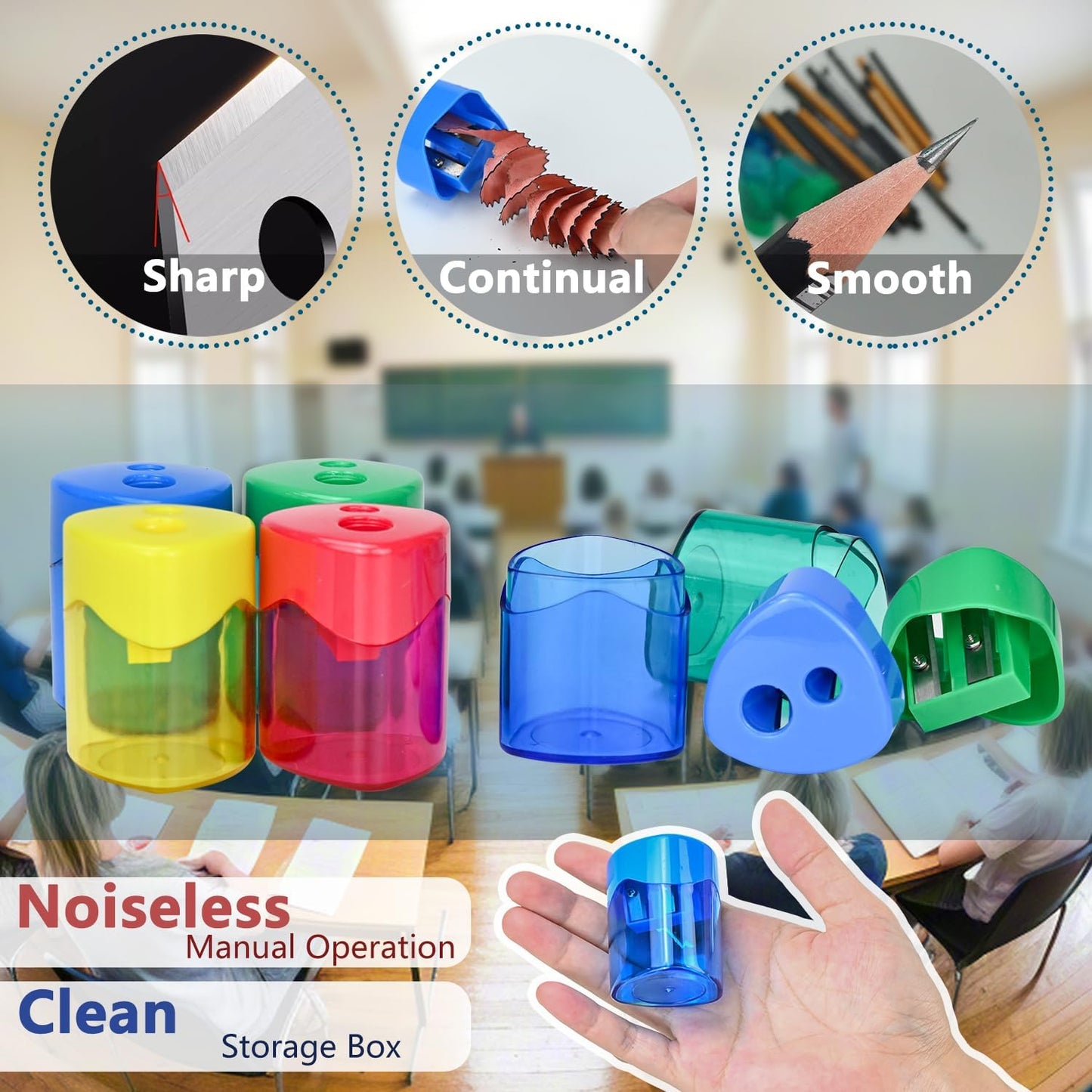 AUSTARK 24Pcs Pencil Sharpener Manual, Assorted Color Small Dual Hole Pencil Sharpeners Bulk with Lid for School Office Home (Triangle-24)