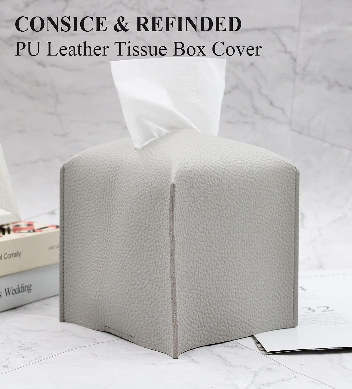 Livelab Tissue Box Cover Holder, Square Modern Decoration PU Leather Facial Tissues Case Roll Paper Dispenser for Bathroom Vanity Countertop, Night Stands, Office Desk Car 5X5X5'' | Pastel Grey