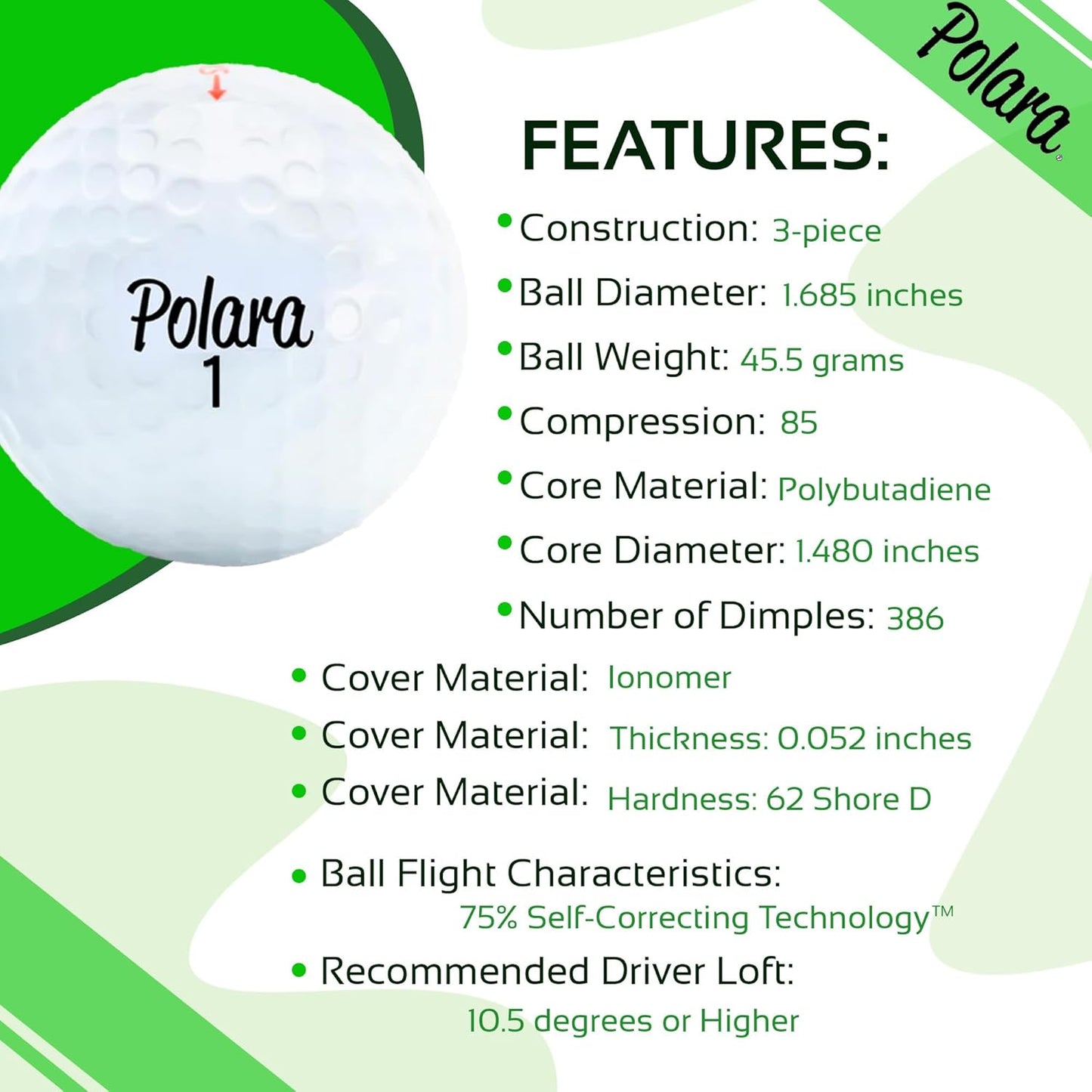 Polara Golf Self-Correcting Golf Balls – Soft Feel, Anti-Slice & Hook Correction, Exceeds USGA Limits, Dimple Pattern, High-Performance Balls for Men & Women