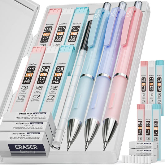 Nicpro 3PCS Pastel Mechanical Pencil Set, 0.5 Mechanical Pencils with 6 Tube HB Lead 0.5mm, 3 Eraser and 9 Eraser Refill & Case, Aesthetic School Supplies for Drafting Sketching, Drawing & Writing