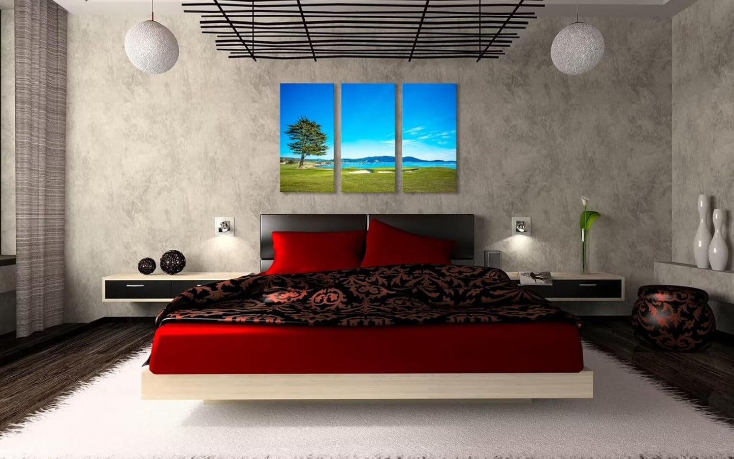 chenchenArt Pebble Beach Golf Course 18th Hole Wall Decor Golf Course Canvas Wall Art for Living Room Bedroom Home Decorations Paintings Canvas Modern Artwork Framed Ready to Hang(20''W x 40''H x3)