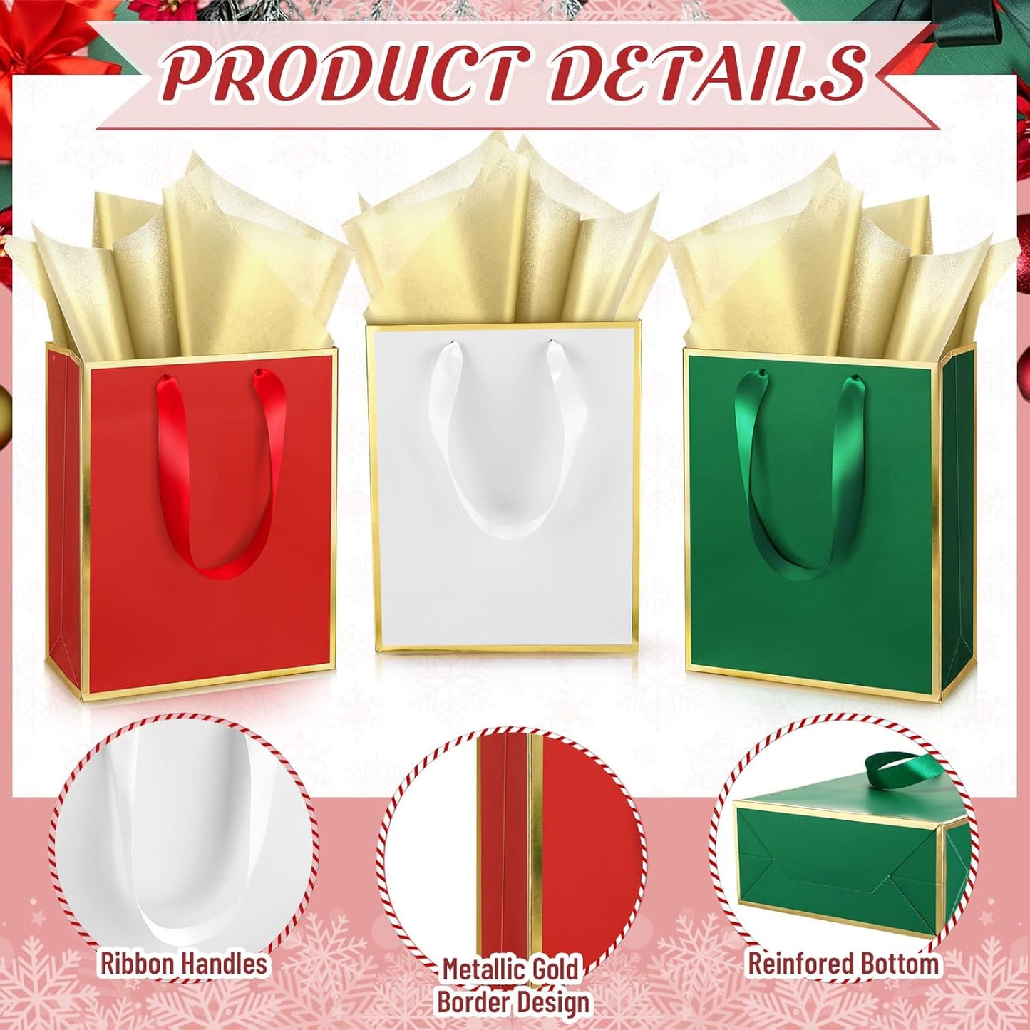 Yeaqee 24 Pack Metallic Paper Gift Bags with Handle and Tissue 9x7x3.1 Gold Foil Welcome Favor Bags Return Gifts for Wedding Fall 5 Senses Christmas Bridesmaid Birthday (Red Green White)
