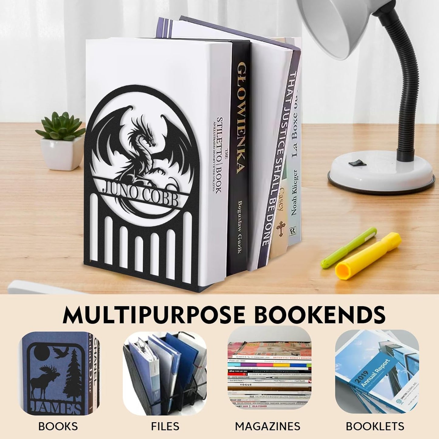 Personalized Dragon Book Ends 2 Pcs, Metal Bookends for Shelves, Custom Heavy Duty Bookends with Name, Dragon Bookshelf Decor, Book Organizer for Desk, Black Book Holders for Home Office