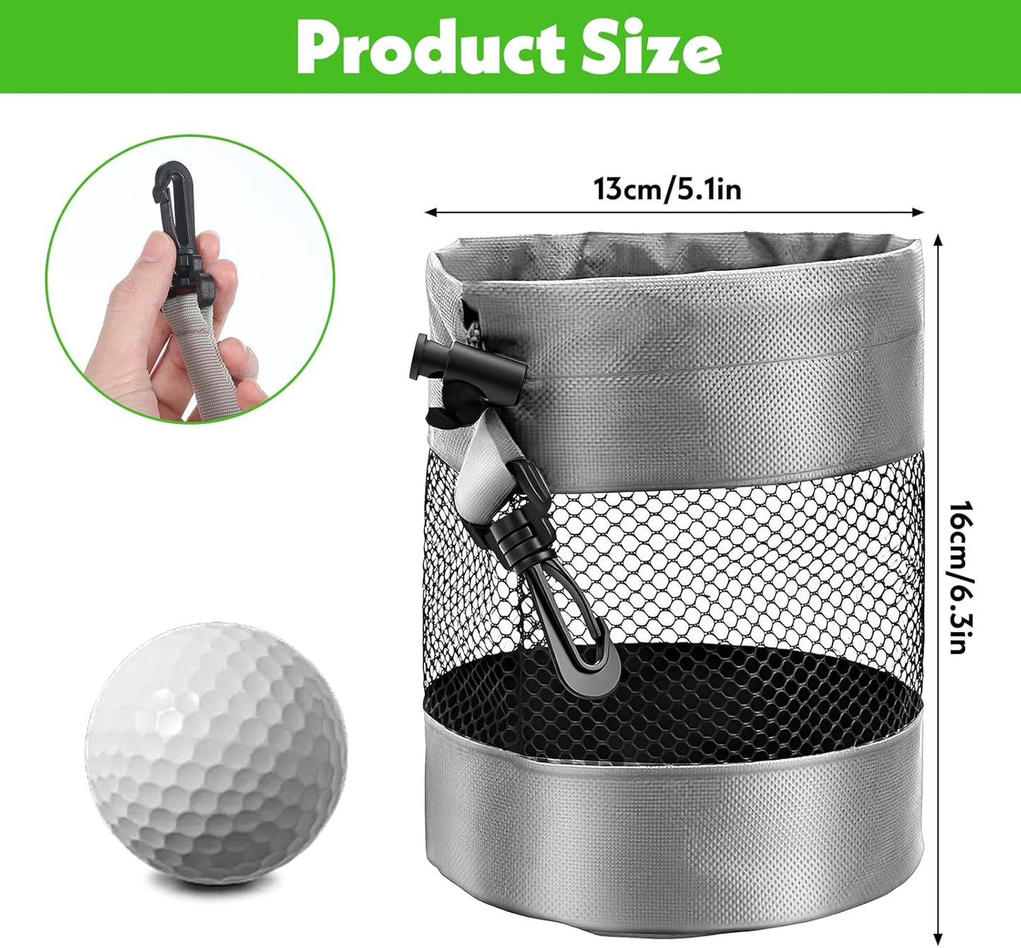 2 Pcs Golf Ball Pouch, Nylon Mesh Golf Ball Bag, 13 x 18cm/ 5.1 x 7.1 in Drawstring Golf Bag Organizer with Hook, Mesh Ball Bags for Billiards, Tennis, Kids Toys Storage, Grey