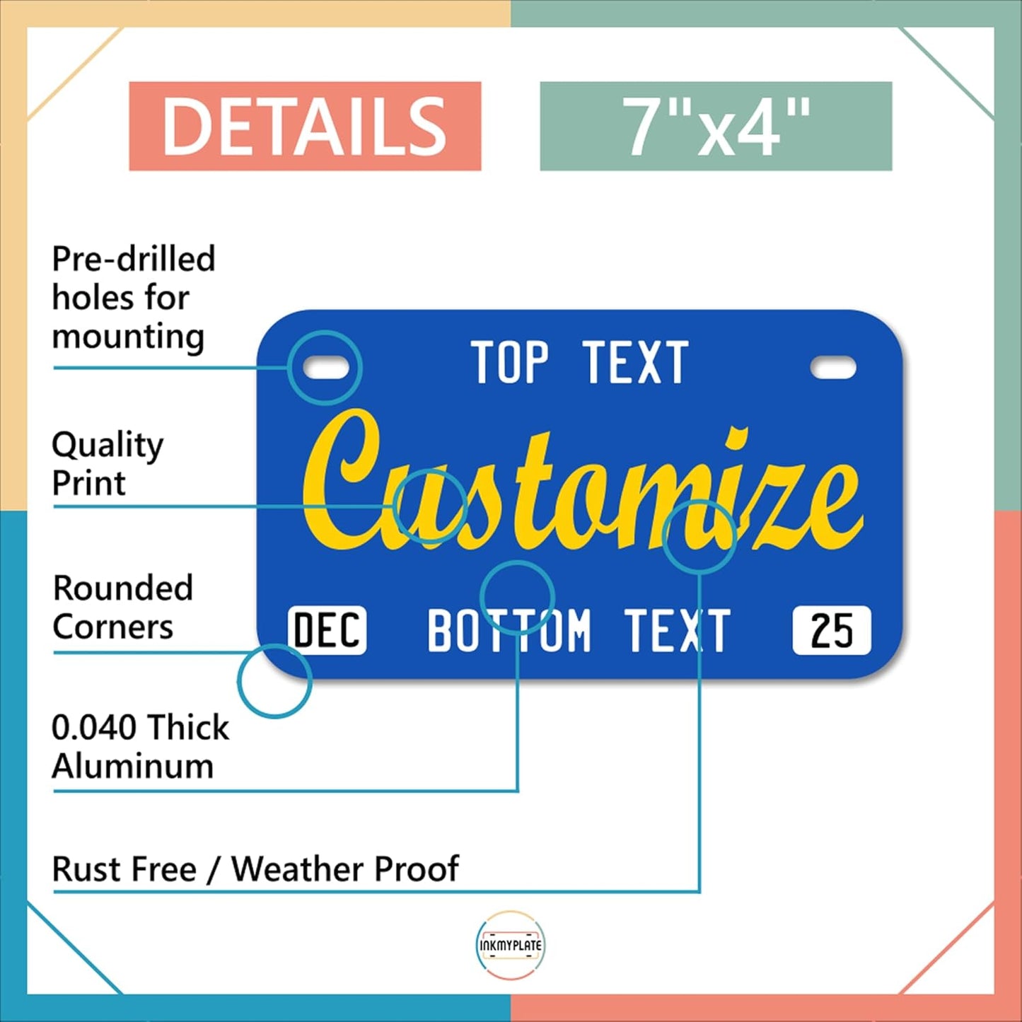 Personalized Aluminum name Plate – Custom 7x4 Tag with 5 Lines & Top Corner Text – Blank .040 Metal – 4 Sizes – 23 Colors – for Bikes, Golf Carts, powerwheels & More