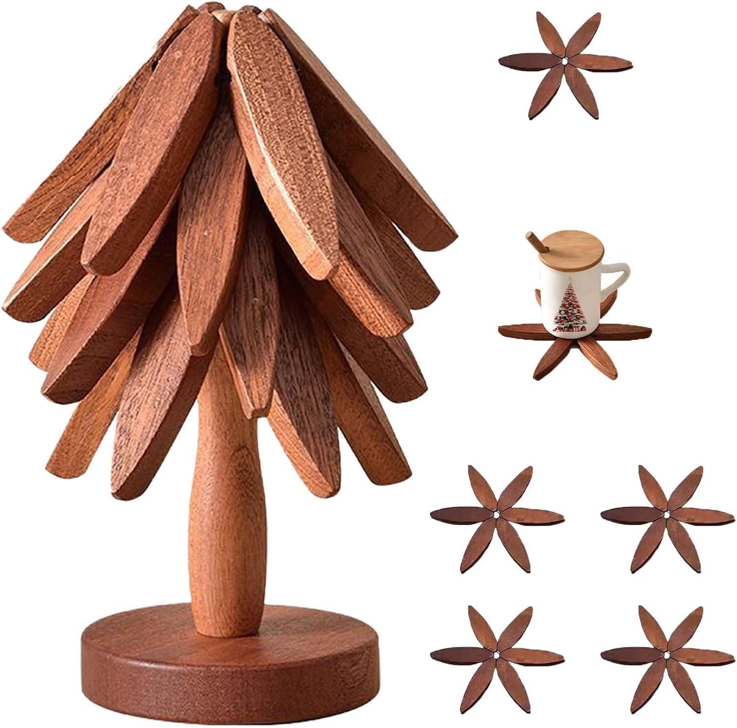 4 Wooden Trivets for Hot Dishes,Christmas Tree Trivet Table Mat Set,Wooden Treevet Tree Coasters for Hot Pots and Pans Christmas Decorations Gift for Women