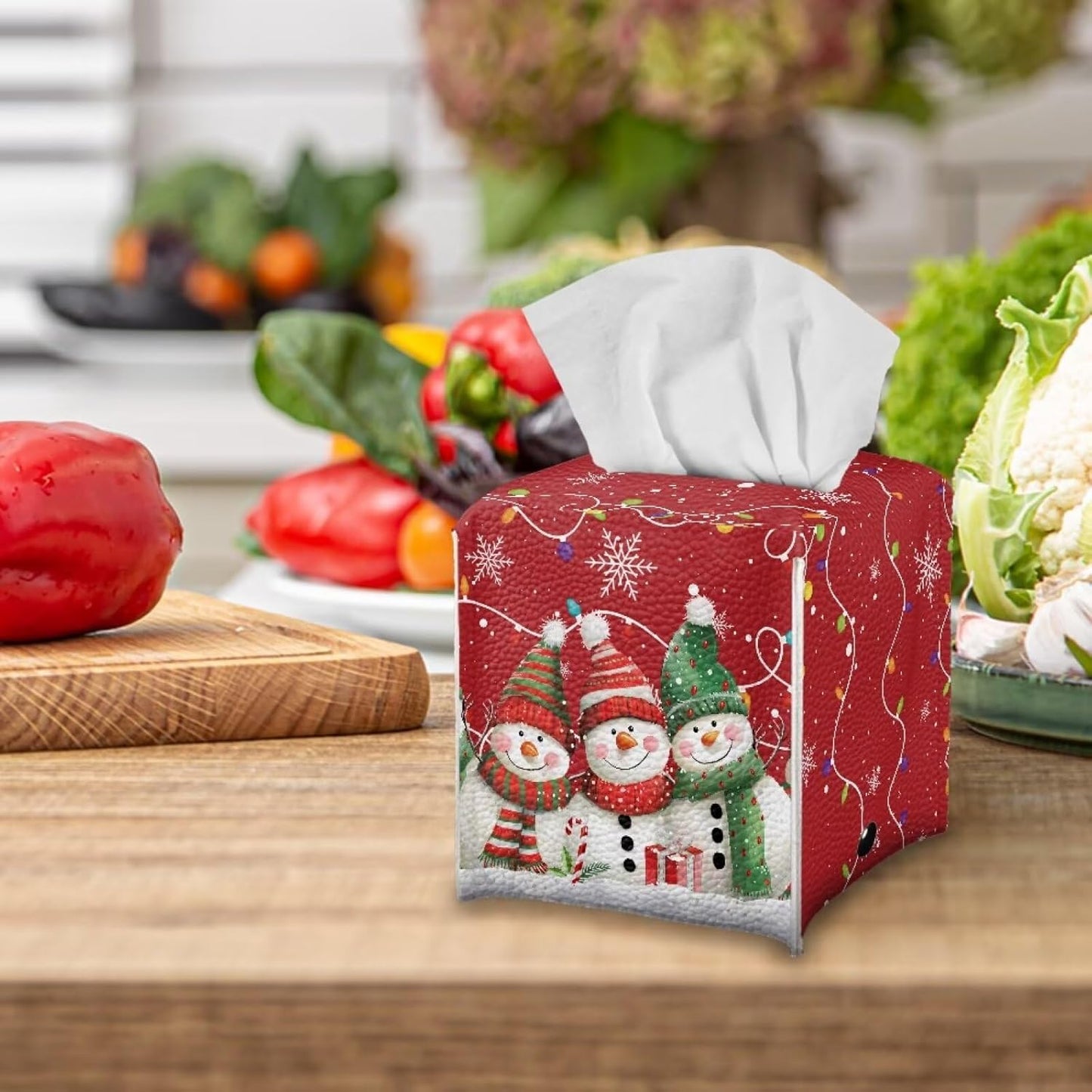 Christmas Tissue Box Cover Square Snowman Decorative Tissue Box Cover Holder Waterproof Soft PU Leather Tissue Holder Case Dispenser for Bathroom Cute Home Decor Easy to Carry 5x5x5 Inch