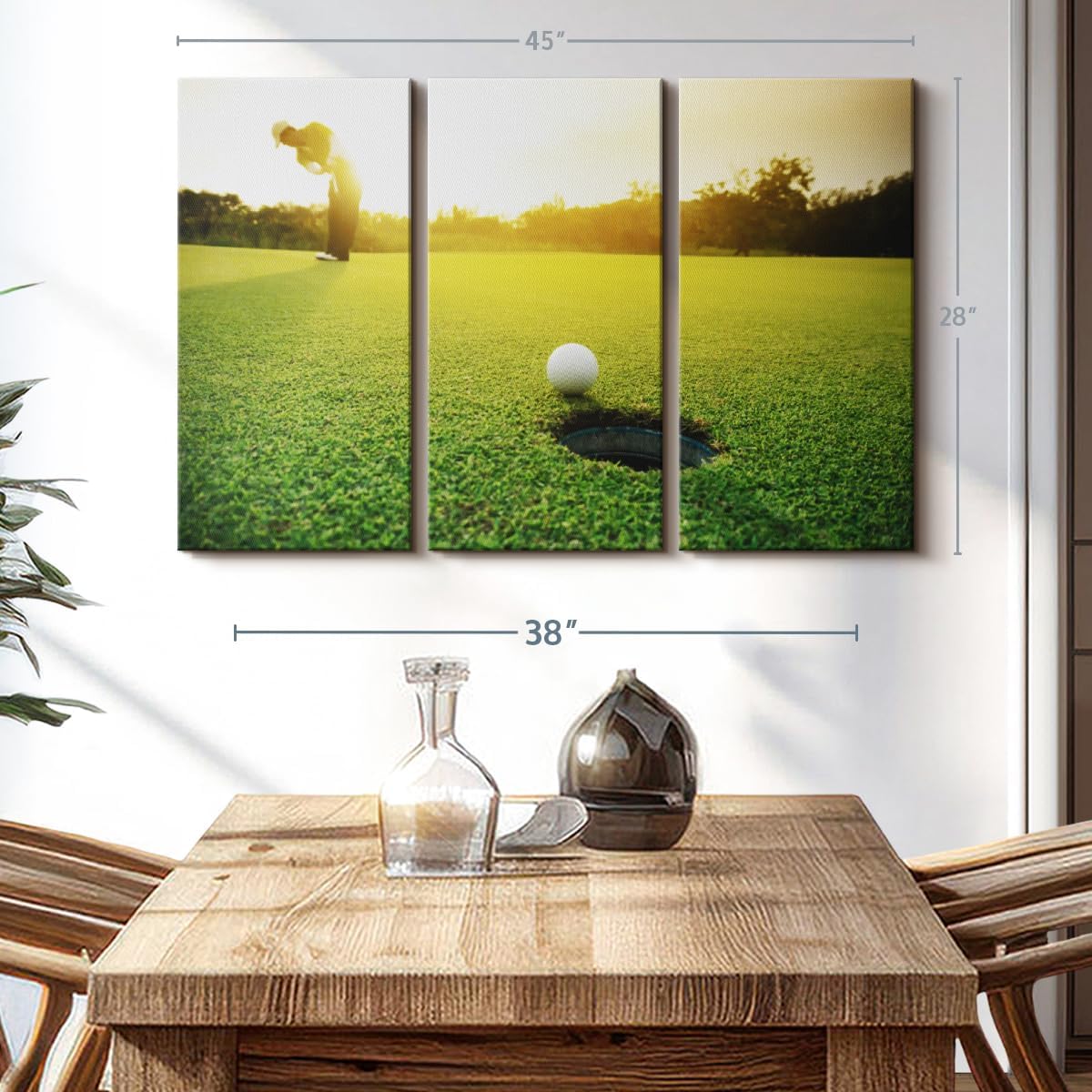ElephantStock Golf Ball Strike Wall Art - Horizontal Canvas - 3-Piece Living Room Wall Decor - Photography Sports Canvas Print - Green and White Decor for Wall - 45" X 28"