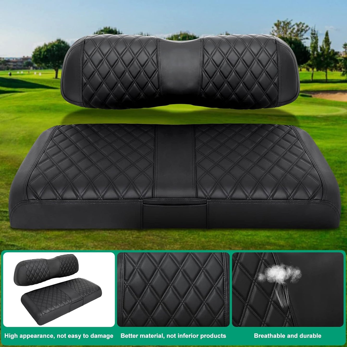 iLSKW Golf Cart Seat Covers Leather for Club Car DS OEM Front Seat Cover Set with Diamond Stripe PVC Leathur with Black Stitching Breathable Washable Anti-Chipping/Anti-Fading/No Stapler