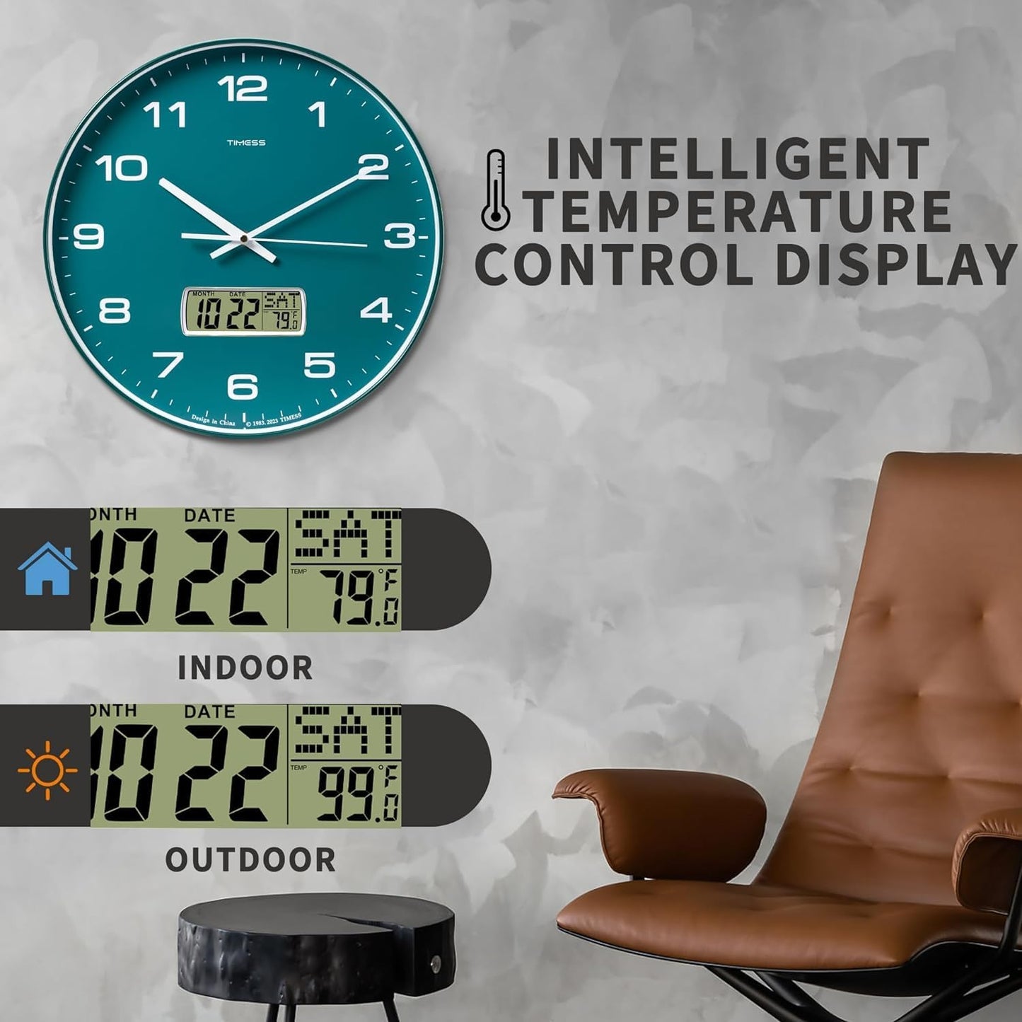 Wall Clock, 10" Dial Non-Ticking Silent Battery Operated Analog with LCD Display for Perpetual Calendar and F° Temperature, Ideal Modern Home, Office Decor (Green)