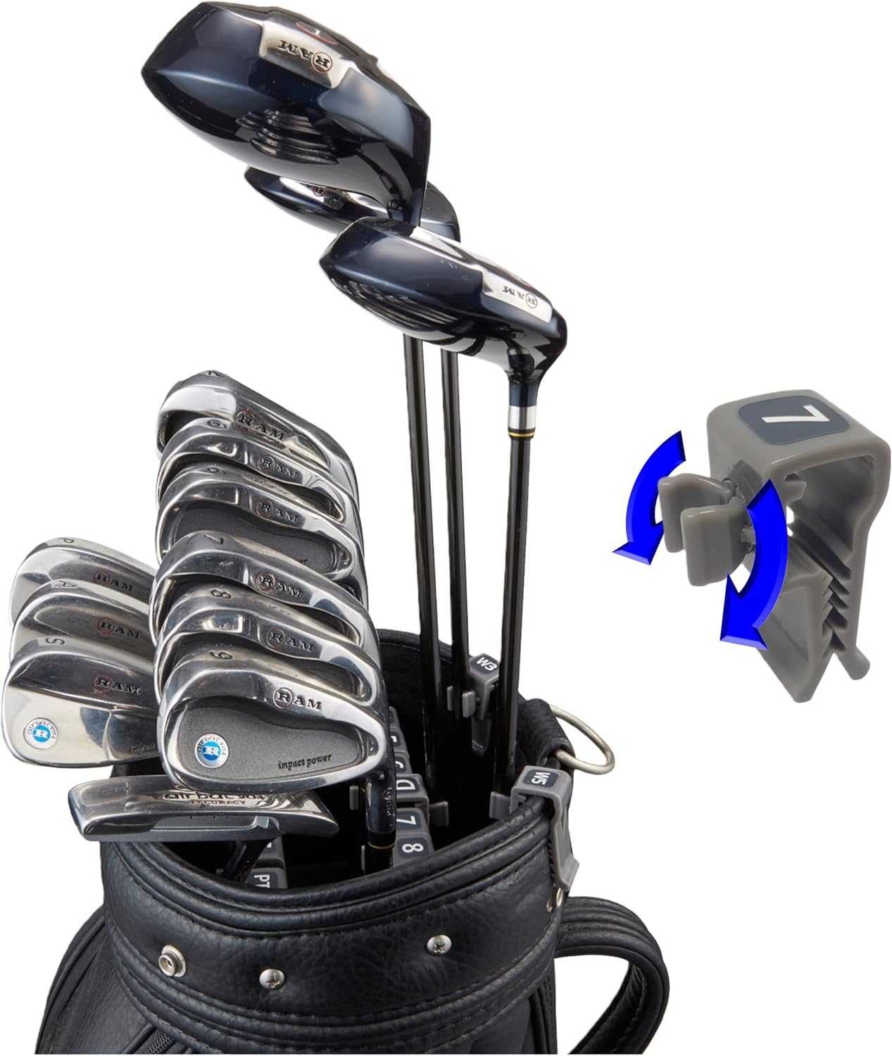 SwingSwing Premium Golf Club Holder Club Organizing Clips | 14 Clips Set with Identifying Numbered Stickers | Swivel Action Golf Club Clips for Golf Bags | Club Damage Protection, Grey