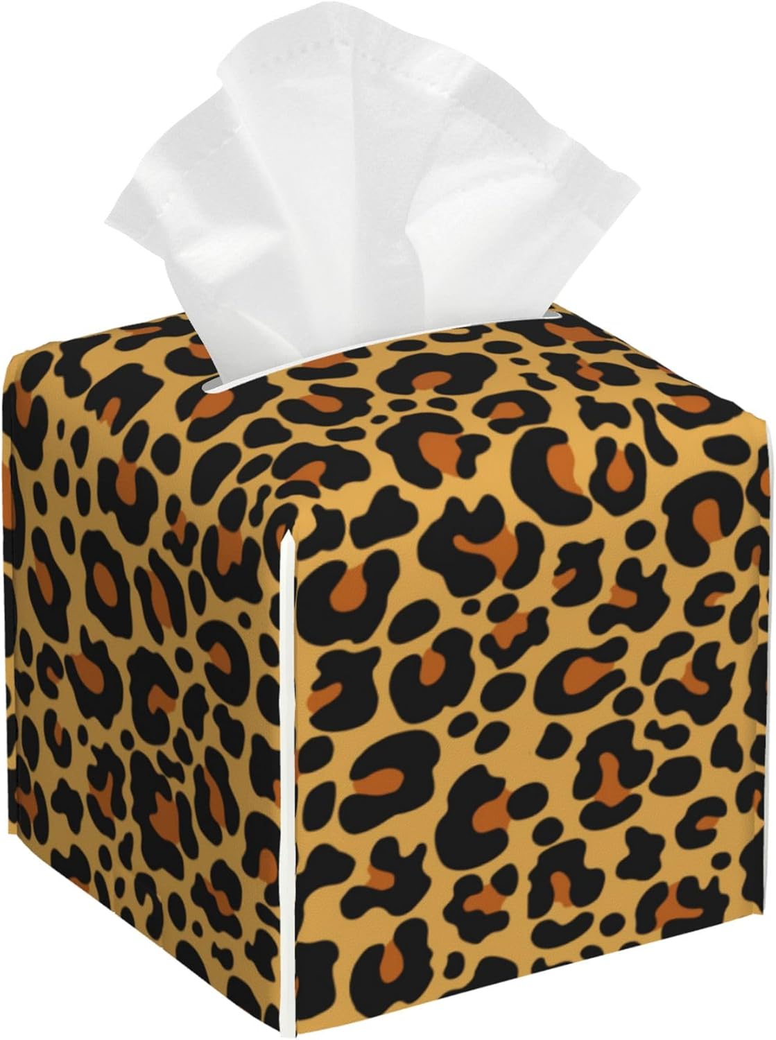 Leopard Print Tissue Box Cover Square, Tissue Box Holder Leather Facial Paper Case Decorative Organizer Holder Dispenser Home Office Car Decor