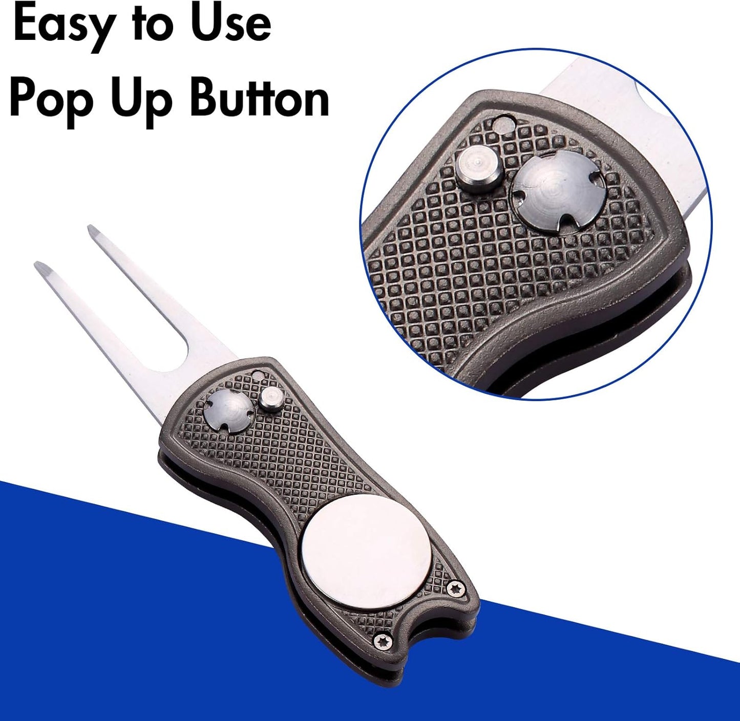 2 Pack Metal Foldable Golf Divot Tool with Pop-up Button & Magnetic Ball Marker (Pack of 2, Fish Design)