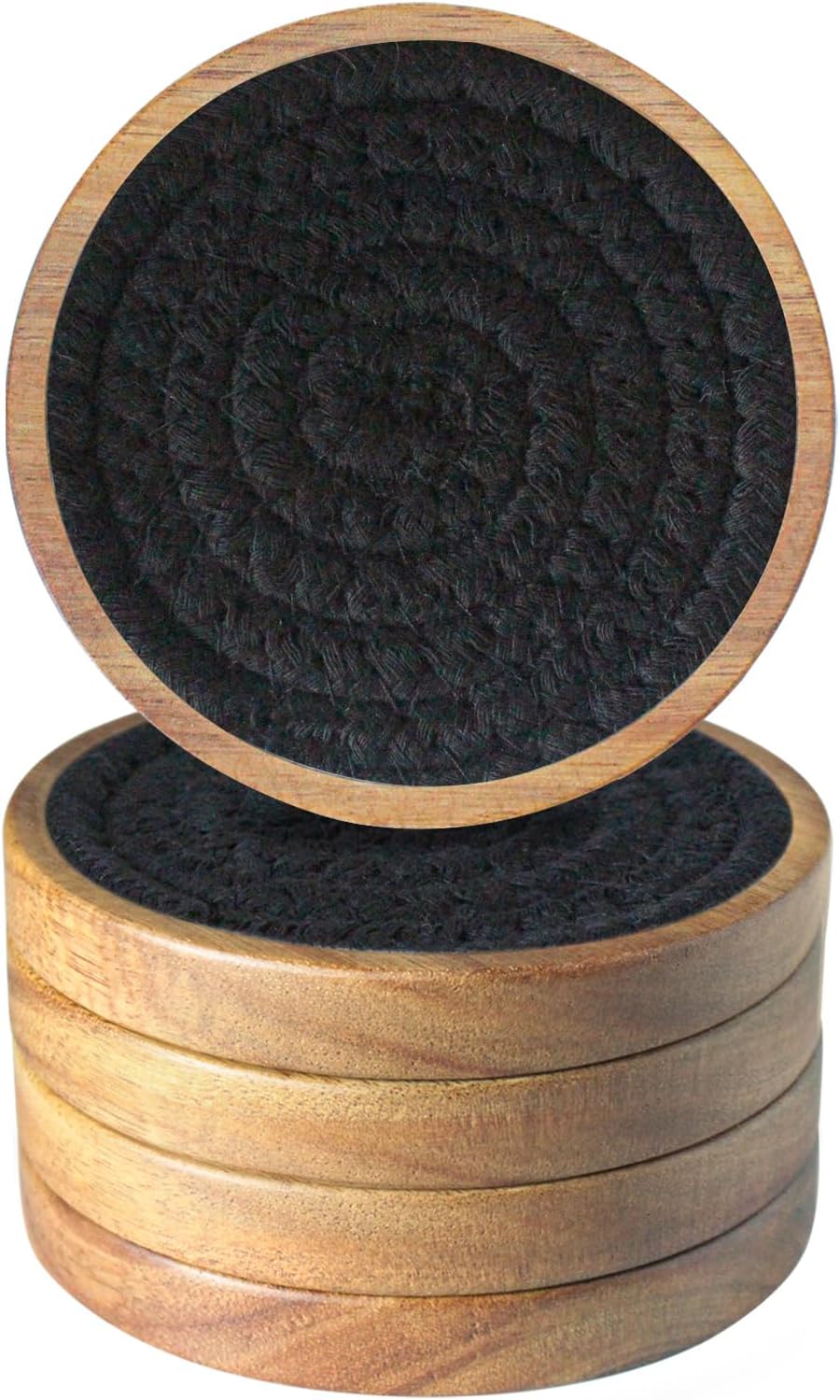 Drink Coasters Set of 5, Coasters for Drinks Absorbent, Wood Coasters for Coffee Table, Housewarming Gift for Farmhouse Home Decor,4 inches (Black)